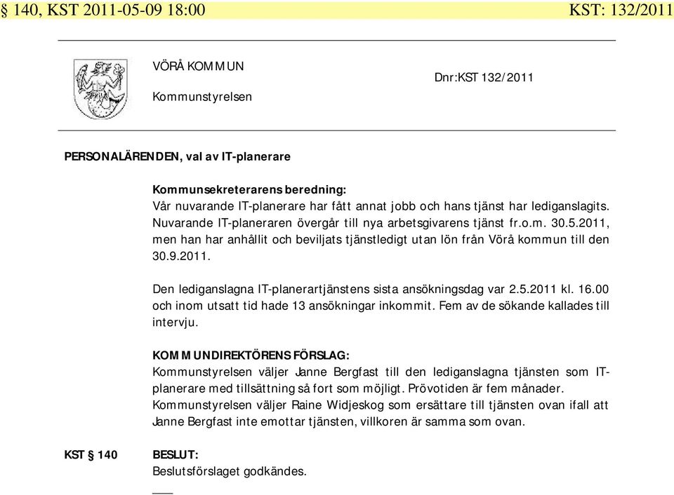 5.2011 kl. 16.00 och inom utsatt tid hade 13 ansökningar inkommit. Fem av de sökande kallades till intervju.