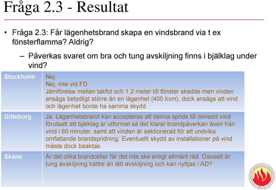 Lägenhetsbrand kan accepteras att denna sprids till oinredd vind förutsatt att bjälklag är utformat så det klarar brandpåverkan även från vind i 60 minuter, samt att vinden är sektionerad för att