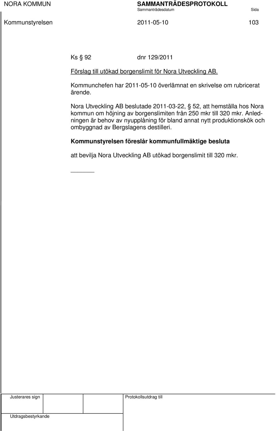 Nora Utveckling AB beslutade 2011-03-22, 52, att hemställa hos Nora kommun om höjning av borgenslimiten från 250 mkr till 320 mkr.