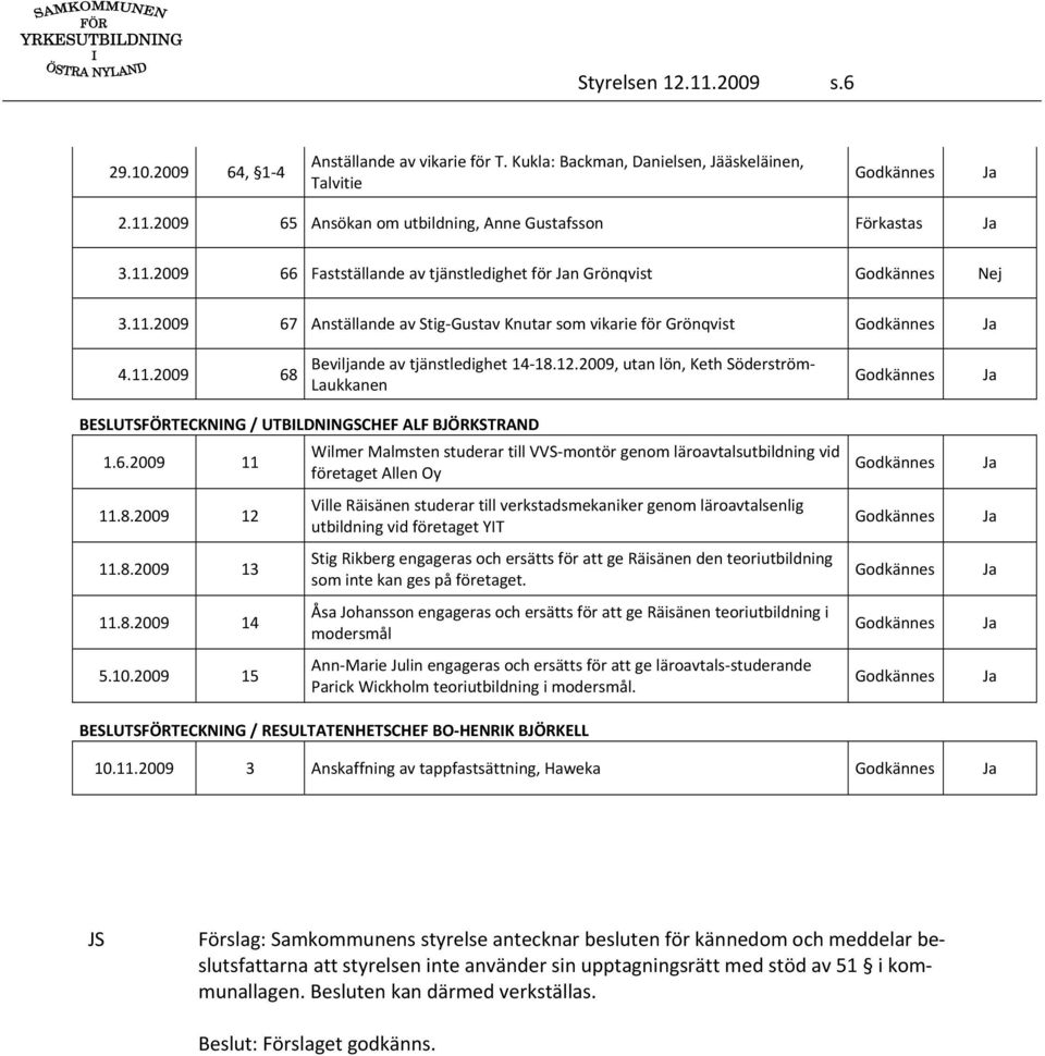 12.2009, utan lön, Keth Söderström Laukkanen Godkännes BESLUTSFÖRTECKNING / UTBILDNINGSCHEF ALF BJÖRKSTRAND 1.6.2009 11 11.8.2009 12 11.8.2009 13 11.8.2009 14 5.10.