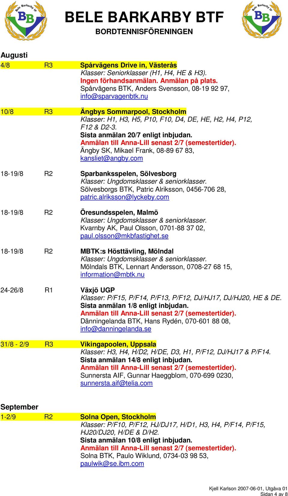 com 18-19/8 R2 Sparbanksspelen, Sölvesborg Sölvesborgs BTK, Patric Alriksson, 0456-706 28, patric.alriksson@lyckeby.com 18-19/8 R2 Öresundsspelen, Malmö Kvarnby AK, Paul Olsson, 0701-88 37 02, paul.