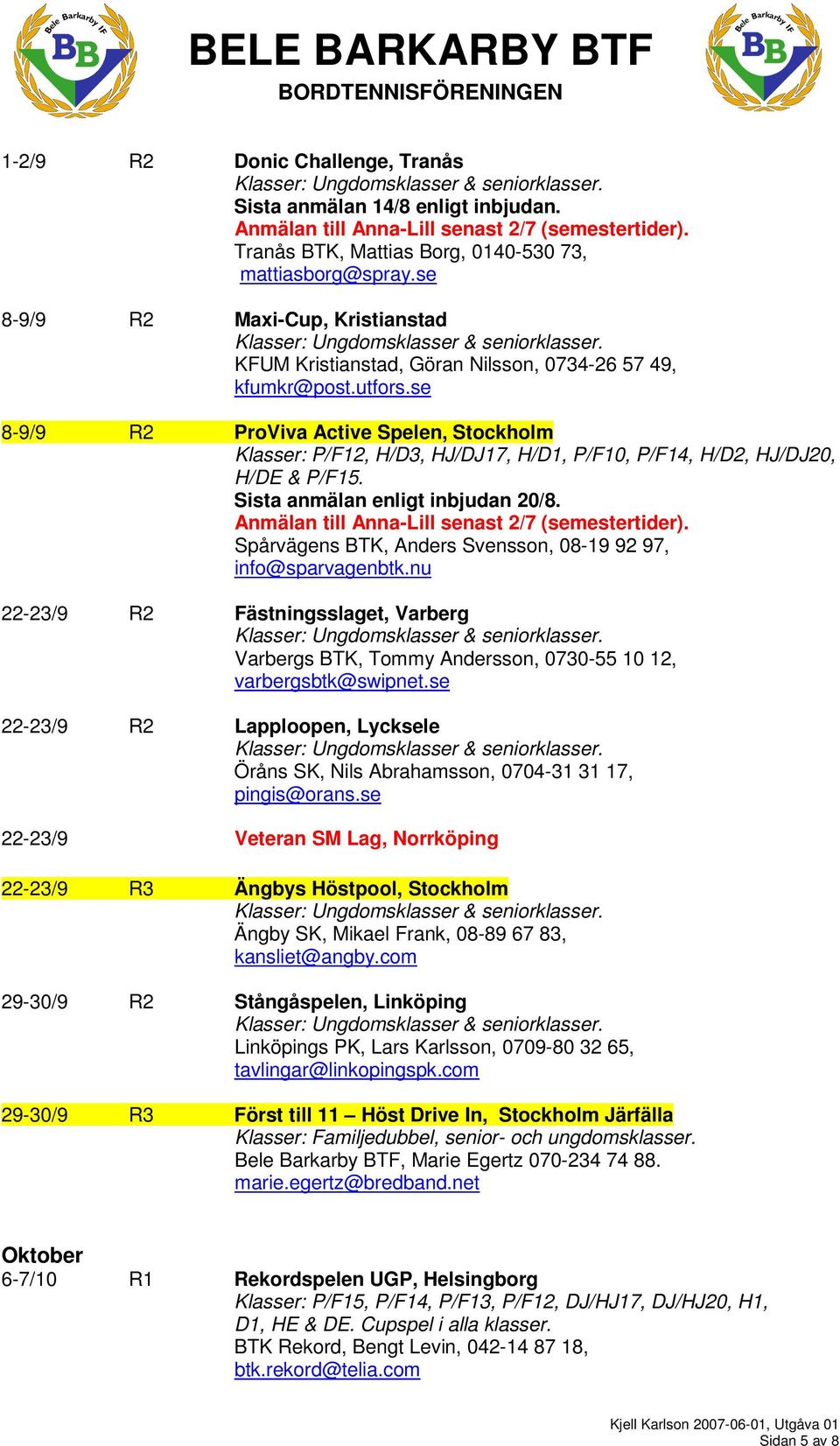 se 8-9/9 R2 ProViva Active Spelen, Stockholm Klasser: P/F12, H/D3, HJ/DJ17, H/D1, P/F10, P/F14, H/D2, HJ/DJ20, H/DE & P/F15. Sista anmälan enligt inbjudan 20/8.