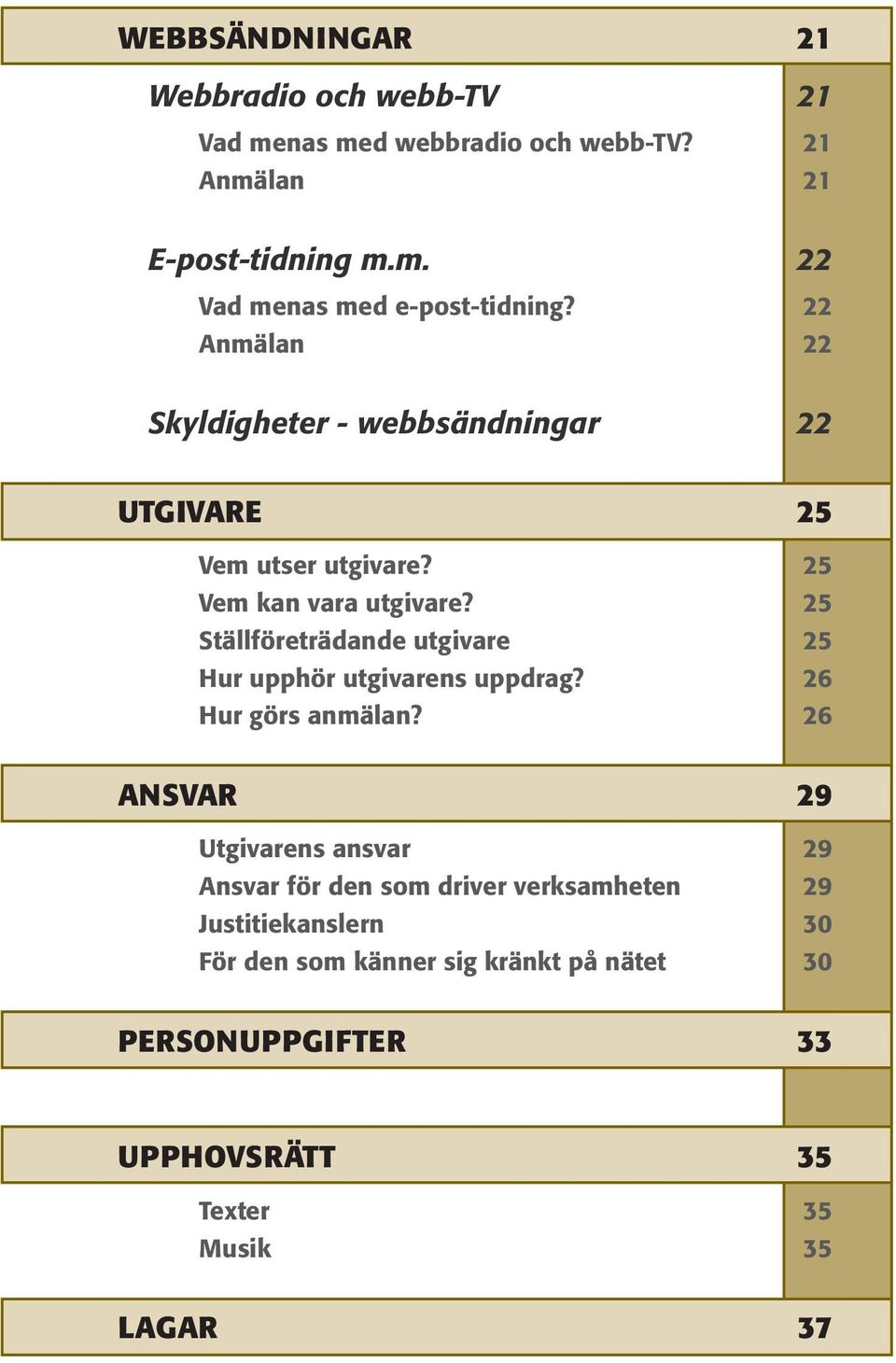 25 Ställföreträdande utgivare 25 Hur upphör utgivarens uppdrag? 26 Hur görs anmälan?