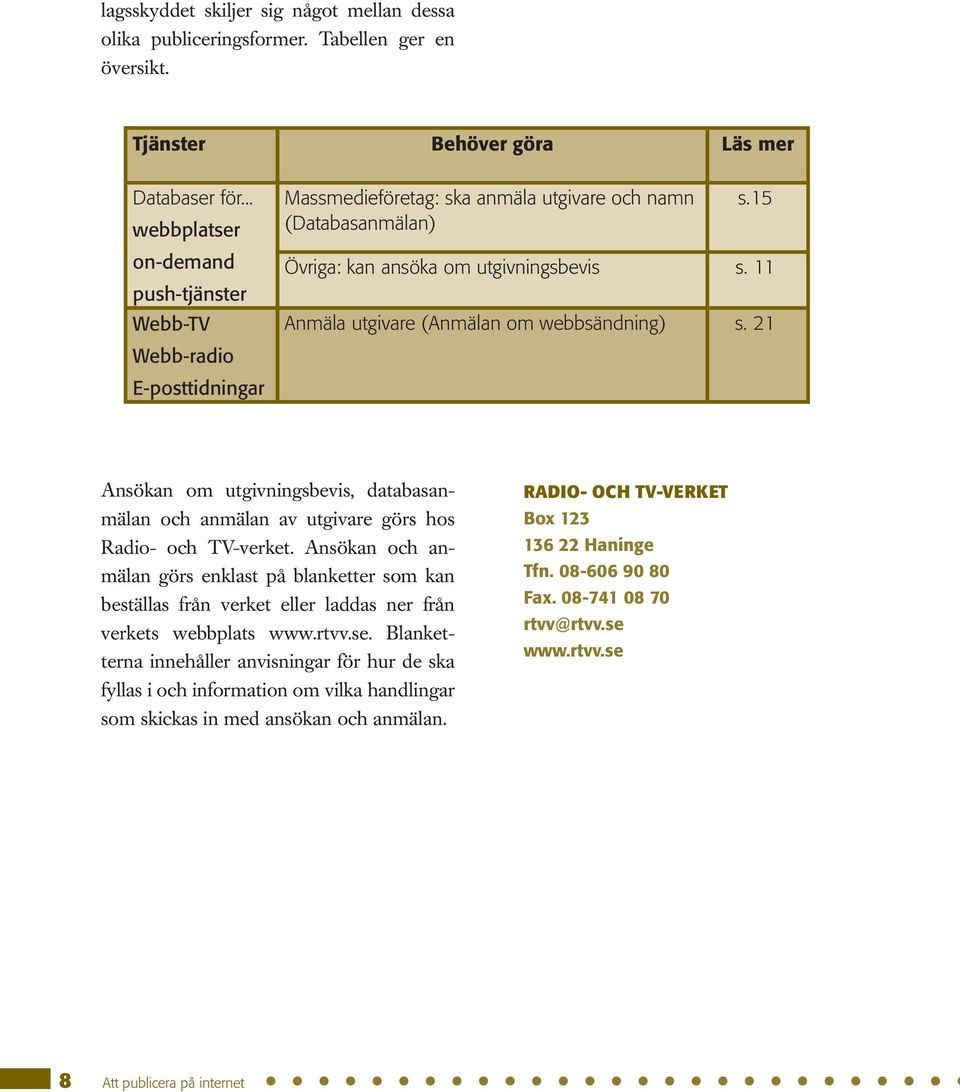 11 Anmäla utgivare (Anmälan om webbsändning) s. 21 Ansökan om utgivningsbevis, databasanmälan och anmälan av utgivare görs hos Radio- och TV-verket.