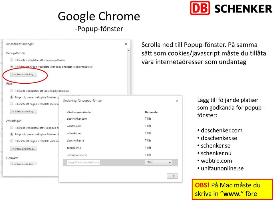 undantag Lägg till följande platser som godkända för popupfönster: dbschenker.