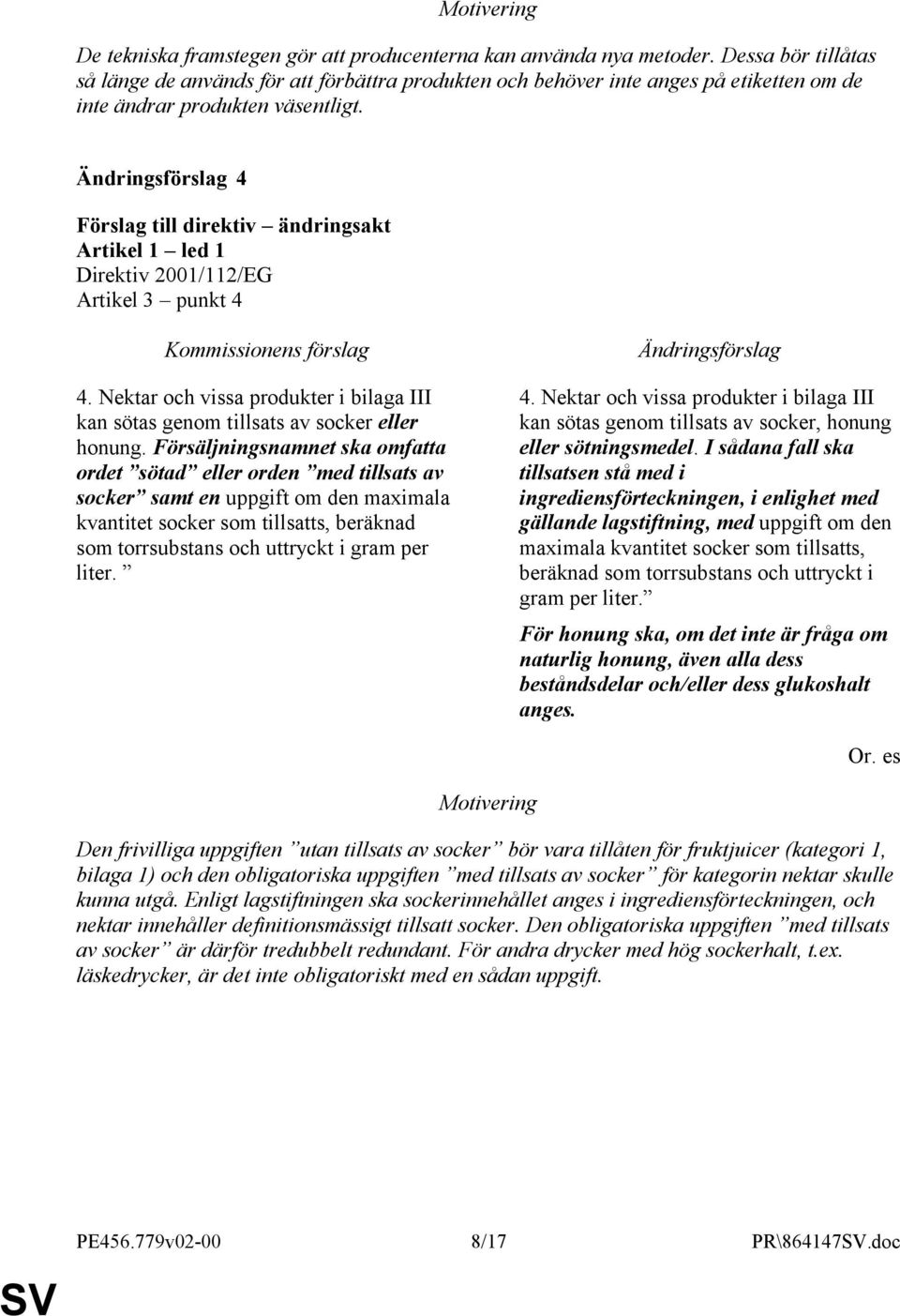 4 Artikel 1 led 1 Direktiv 2001/112/EG Artikel 3 punkt 4 4. Nektar och vissa produkter i bilaga III kan sötas genom tillsats av socker eller honung.