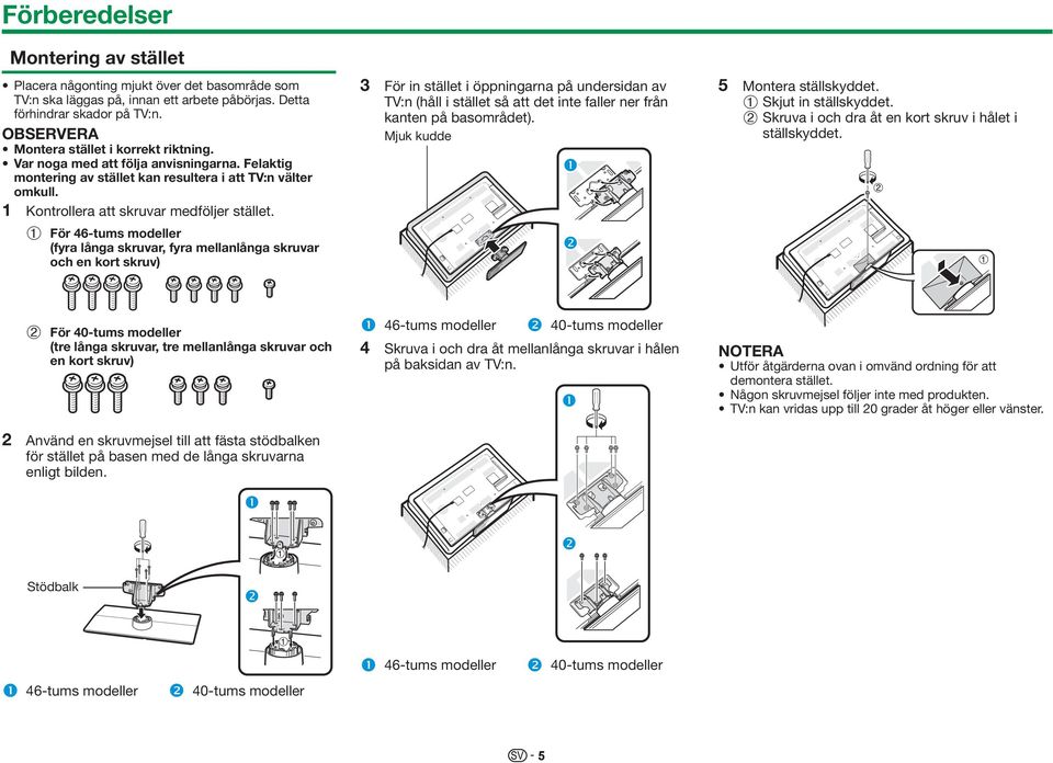 1 För 46-tums modeller (fyra långa skruvar, fyra mellanlånga skruvar och en kort skruv) 3 För in stället i öppningarna på undersidan av TV:n (håll i stället så att det inte faller ner från kanten på