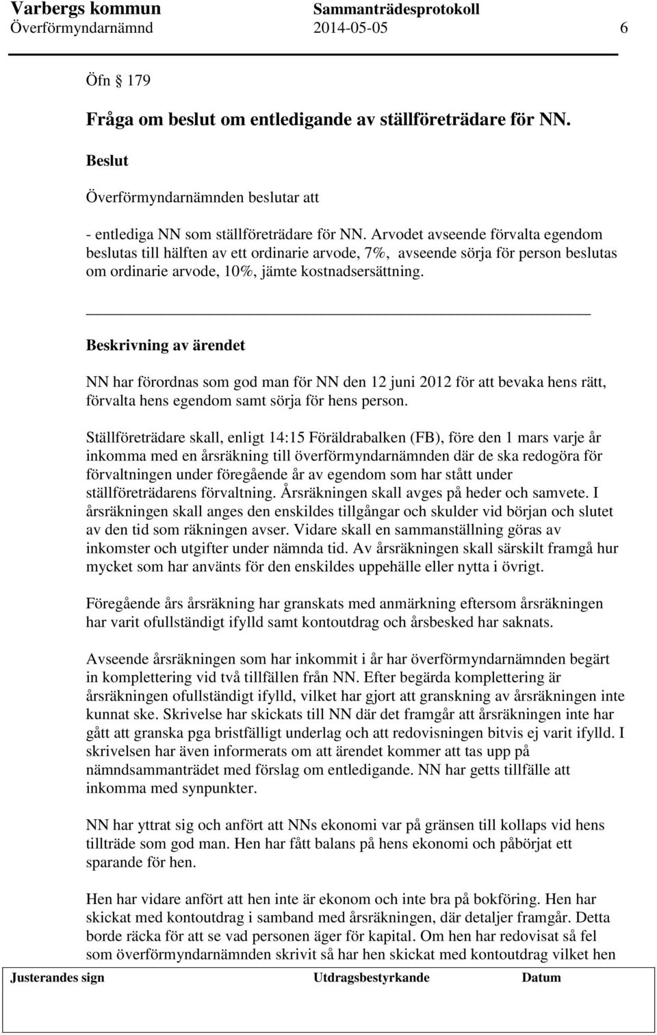 NN har förordnas som god man för NN den 12 juni 2012 för att bevaka hens rätt, förvalta hens egendom samt sörja för hens person.