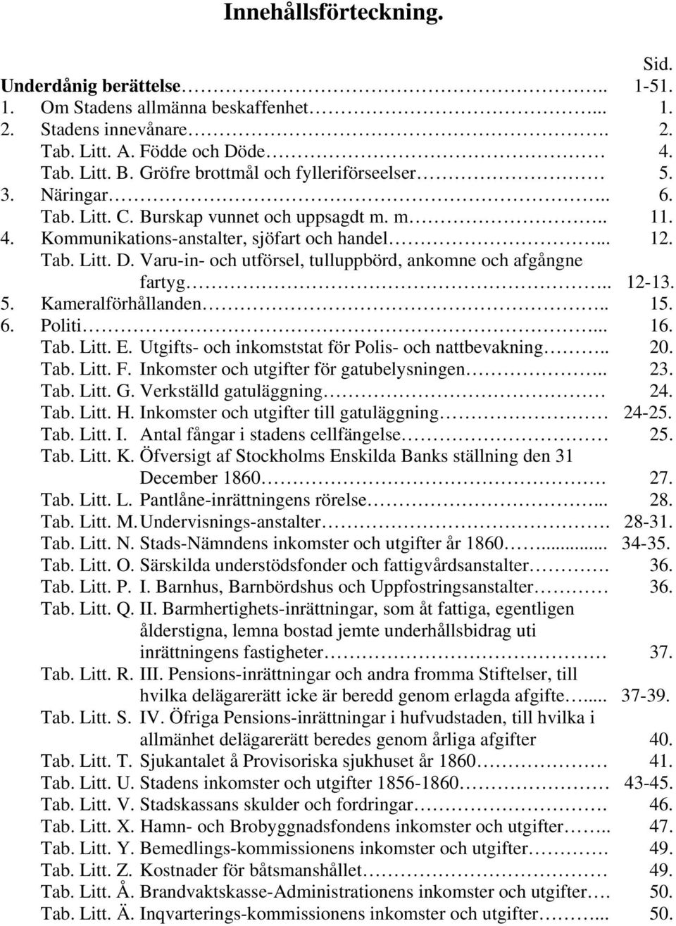 Varu-in- och utförsel, tulluppbörd, ankomne och afgångne fartyg.. 12-13. 5. Kameralförhållanden.. 15. 6. Politi... 16. Tab. Litt. E. Utgifts- och inkomststat för Polis- och nattbevakning.. 20. Tab. Litt. F.