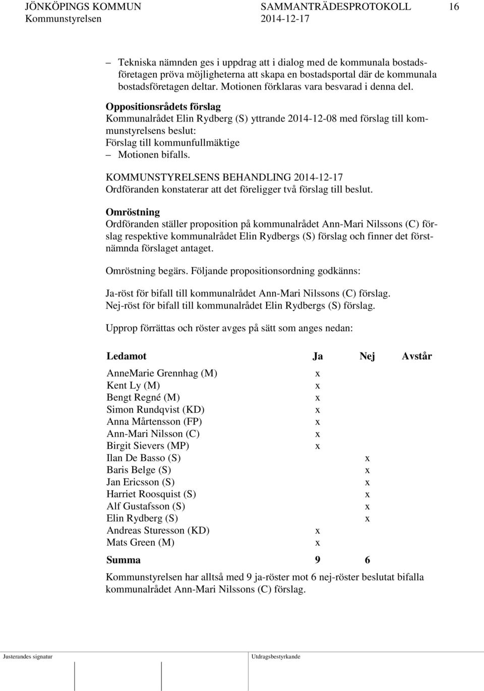 Kommunalrådet Elin Rydberg (S) yttrande 2014-12-08 med förslag till kommunstyrelsens beslut: Förslag till kommunfullmäktige Motionen bifalls.