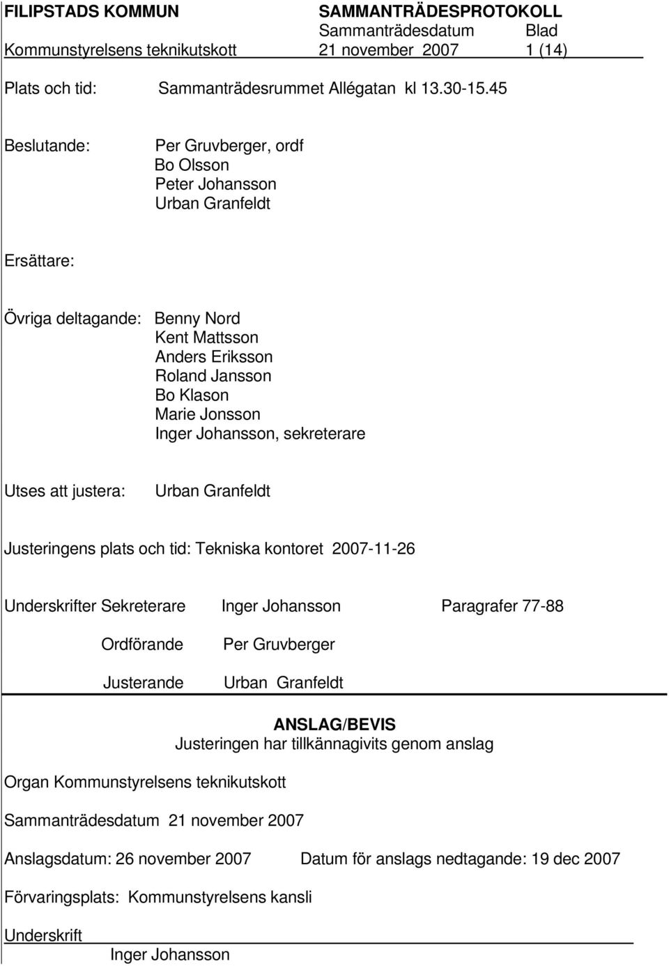 Johansson, sekreterare Utses att justera: Urban Granfeldt Justeringens plats och tid: Tekniska kontoret 2007-11-26 Underskrifter Sekreterare Inger Johansson Paragrafer 77-88 Ordförande Justerande