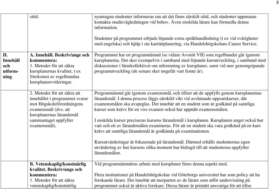 Metoder för att säkra att innehållet i programmet svarar mot Högskoleförordningens examensmål (dvs. att kursplanernas lärandemål sammantaget uppfyller examensmål). B.