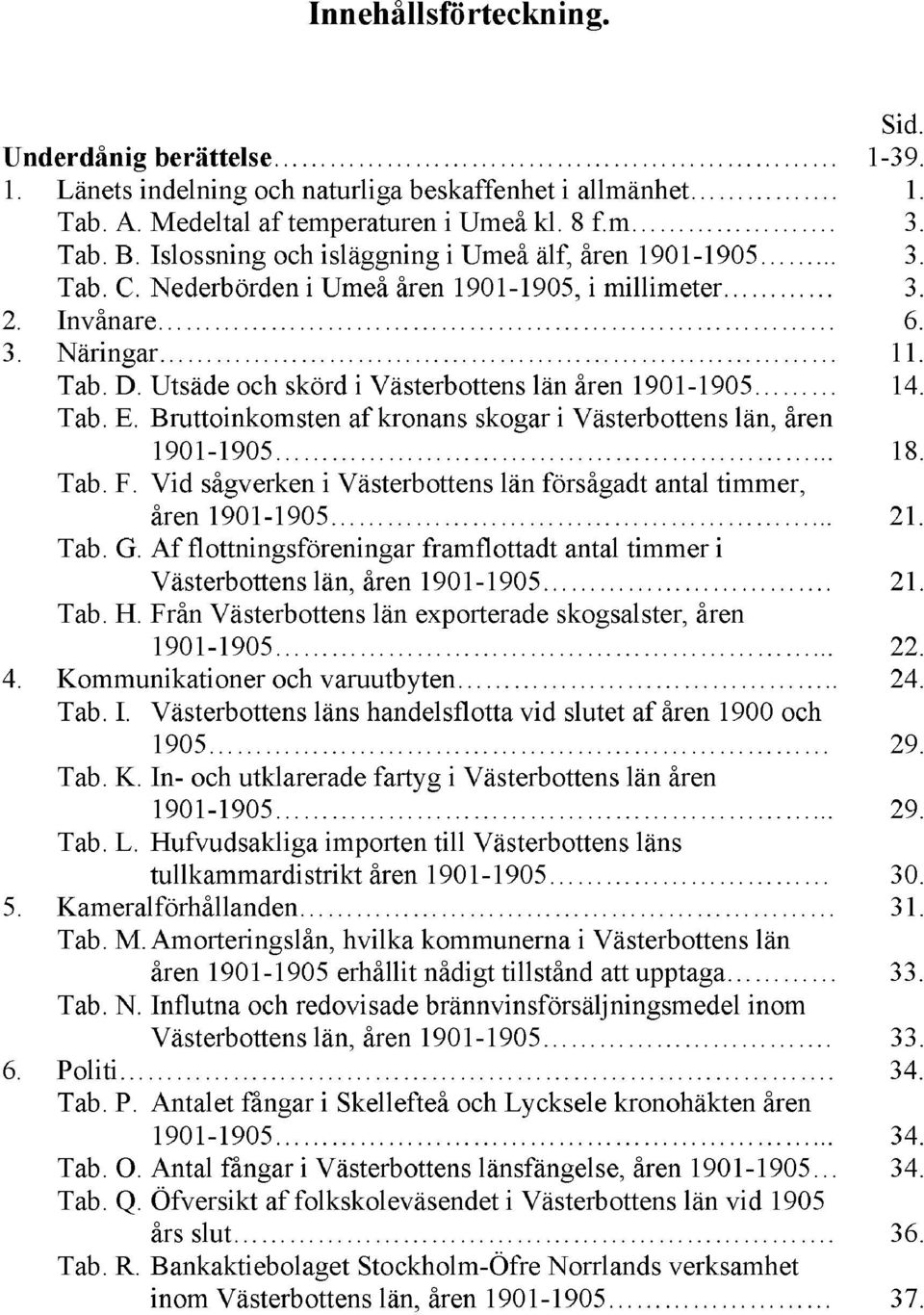 Utsäde och skörd i Västerbottens län åren 1901-1905 14. Tab. E. Bruttoinkomsten af kronans skogar i Västerbottens län, åren 1901-1905... 18. Tab. F.