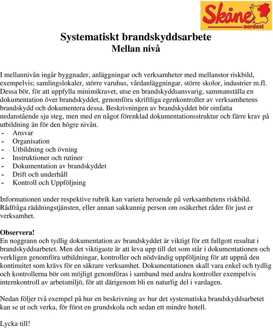 Dessa bör, för att uppfylla minimikravet, utse en brandskyddsansvarig, sammanställa en dokumentation över brandskyddet, genomföra skriftliga egenkontroller av verksamhetens brandskydd och dokumentera