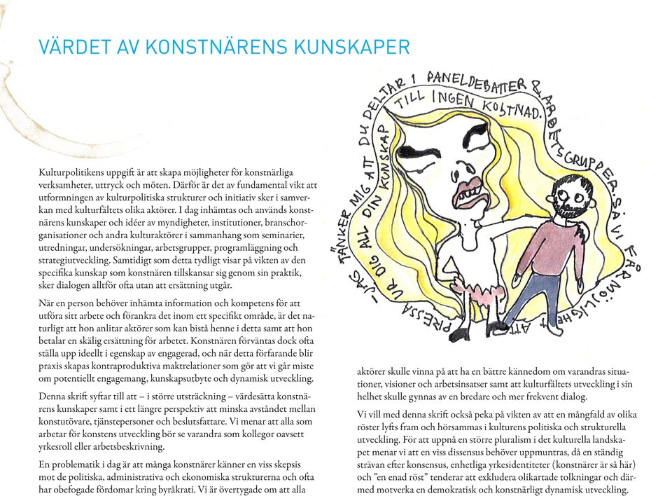 I dag inhämtas och används konstnärens kunskaper och idéer av myndigheter, institutioner, branschorganisationer och andra kulturaktörer i sammanhang som seminarier, utredningar, undersökningar,