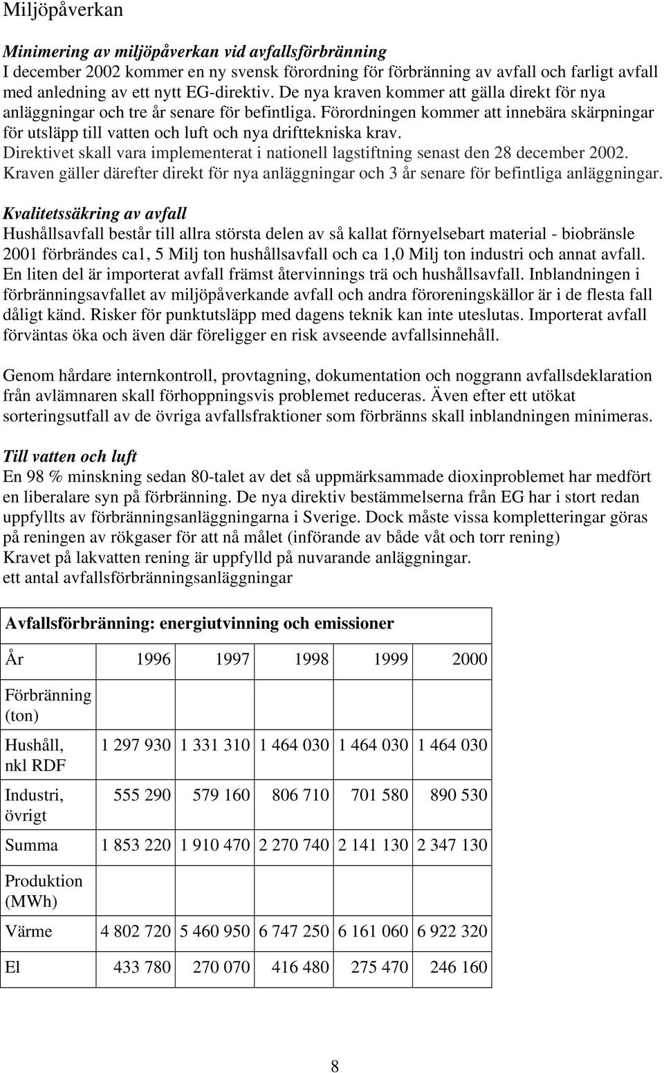 Direktivet skall vara implementerat i nationell lagstiftning senast den 28 december 2002. Kraven gäller därefter direkt för nya anläggningar och 3 år senare för befintliga anläggningar.