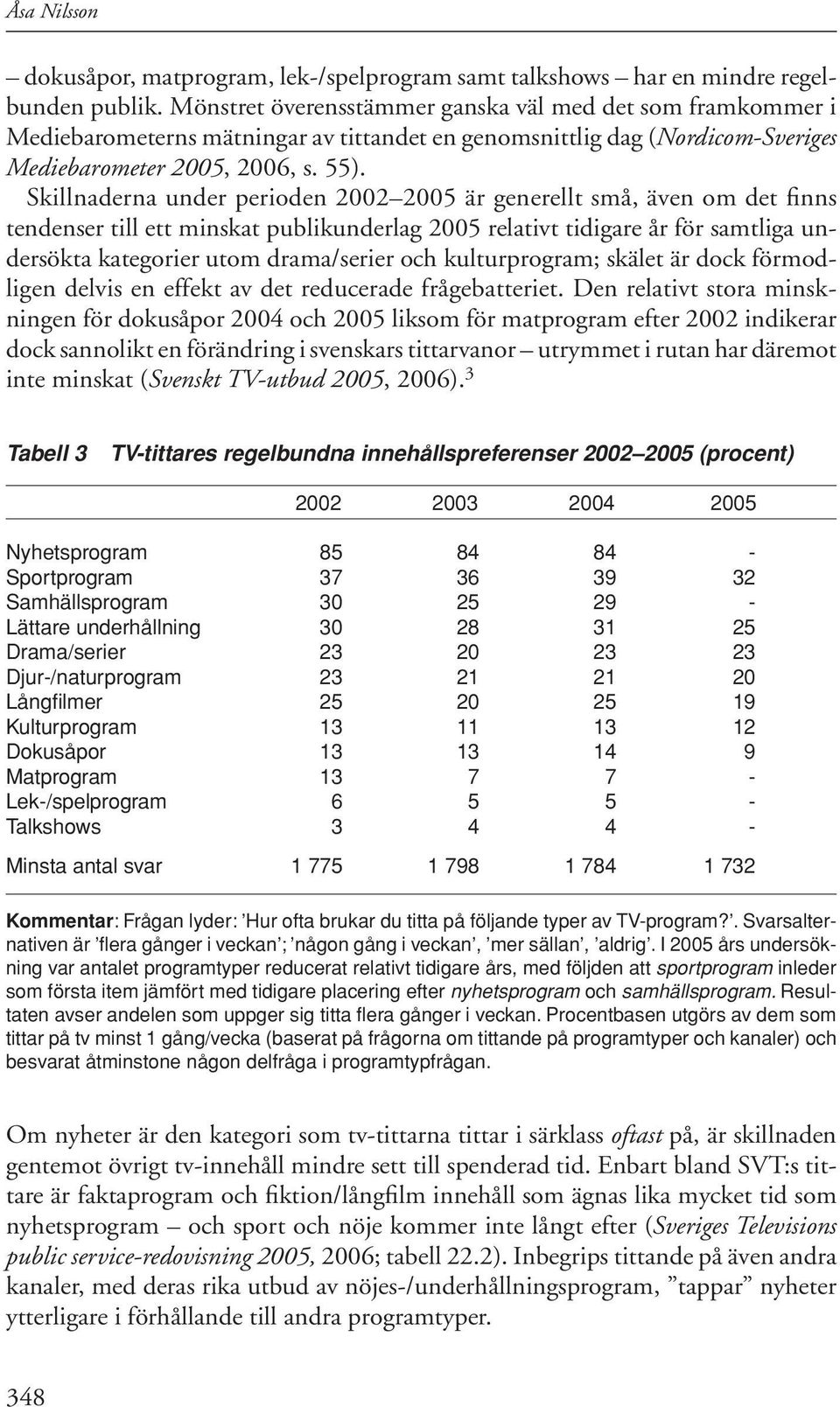 Skillnaderna under perioden 2002 2005 är generellt små, även om det finns tendenser till ett minskat publikunderlag 2005 relativt tidigare år för samtliga undersökta kategorier utom drama/serier och