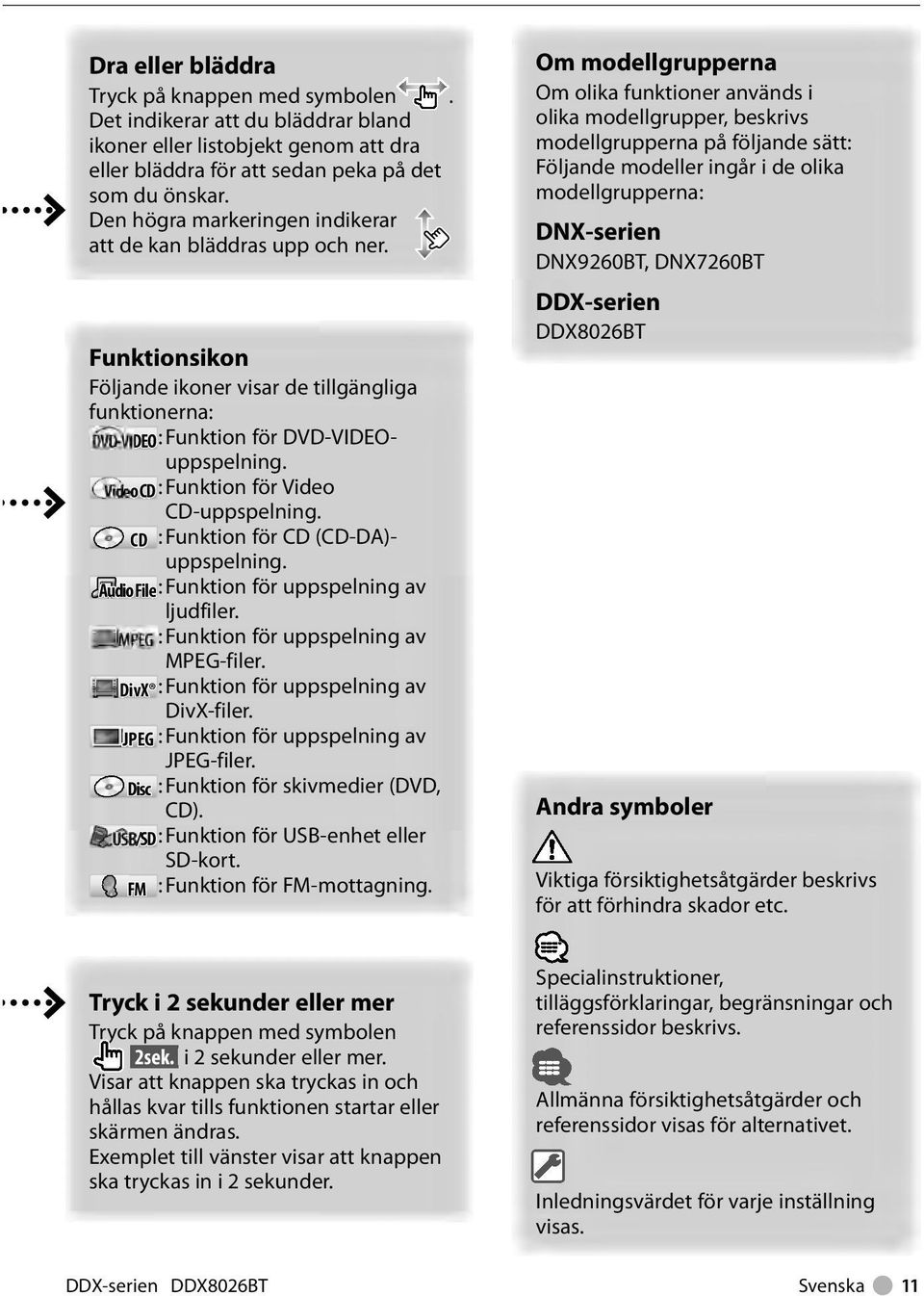 VideoCD : Funktion för Video CD-uppspelning. CD : Funktion för CD (CD-DA)- uppspelning. Audi dio iofi File le: Funktion för uppspelning av ljudfiler. : Funktion för uppspelning av MPEG-filer.