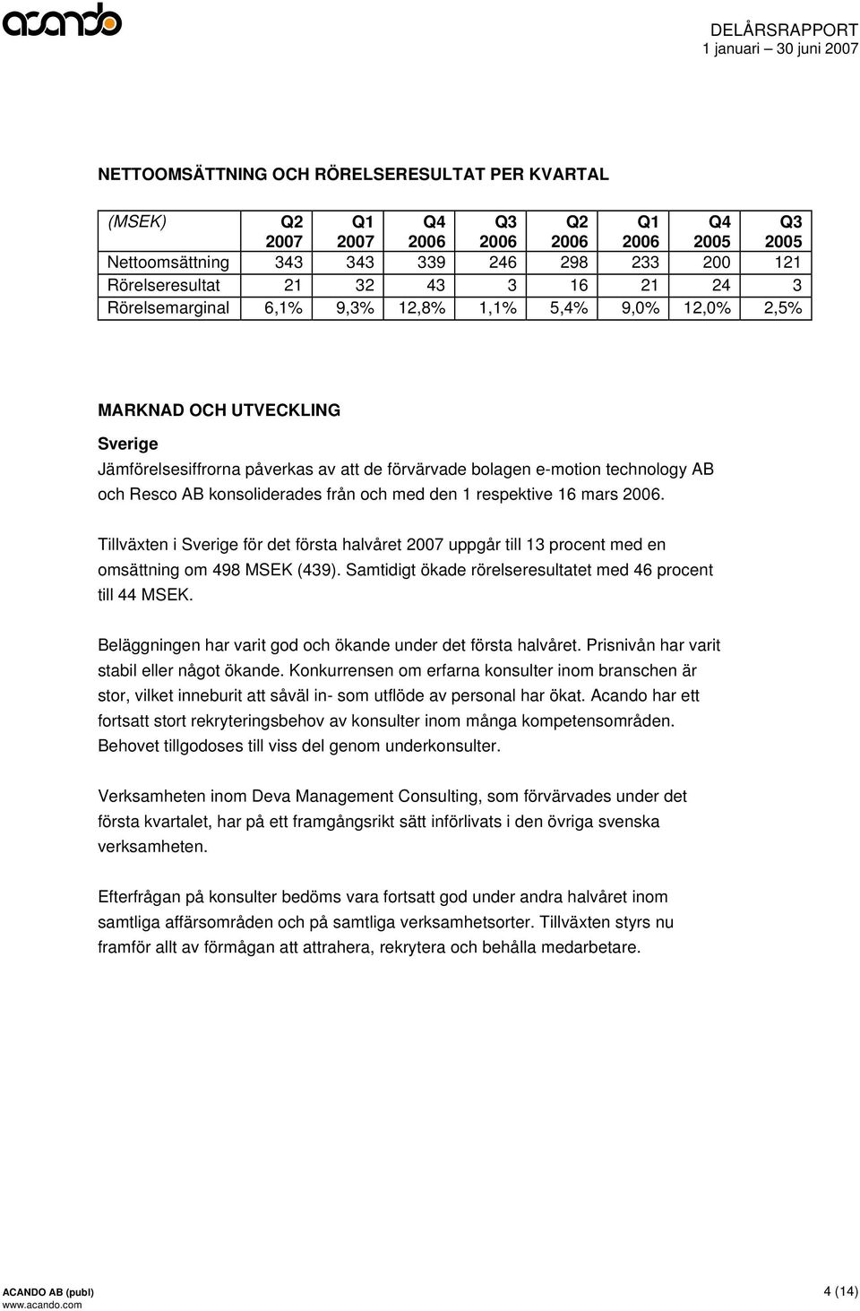 konsoliderades från och med den 1 respektive 16 mars 2006. Tillväxten i Sverige för det första halvåret 2007 uppgår till 13 procent med en omsättning om 498 MSEK (439).