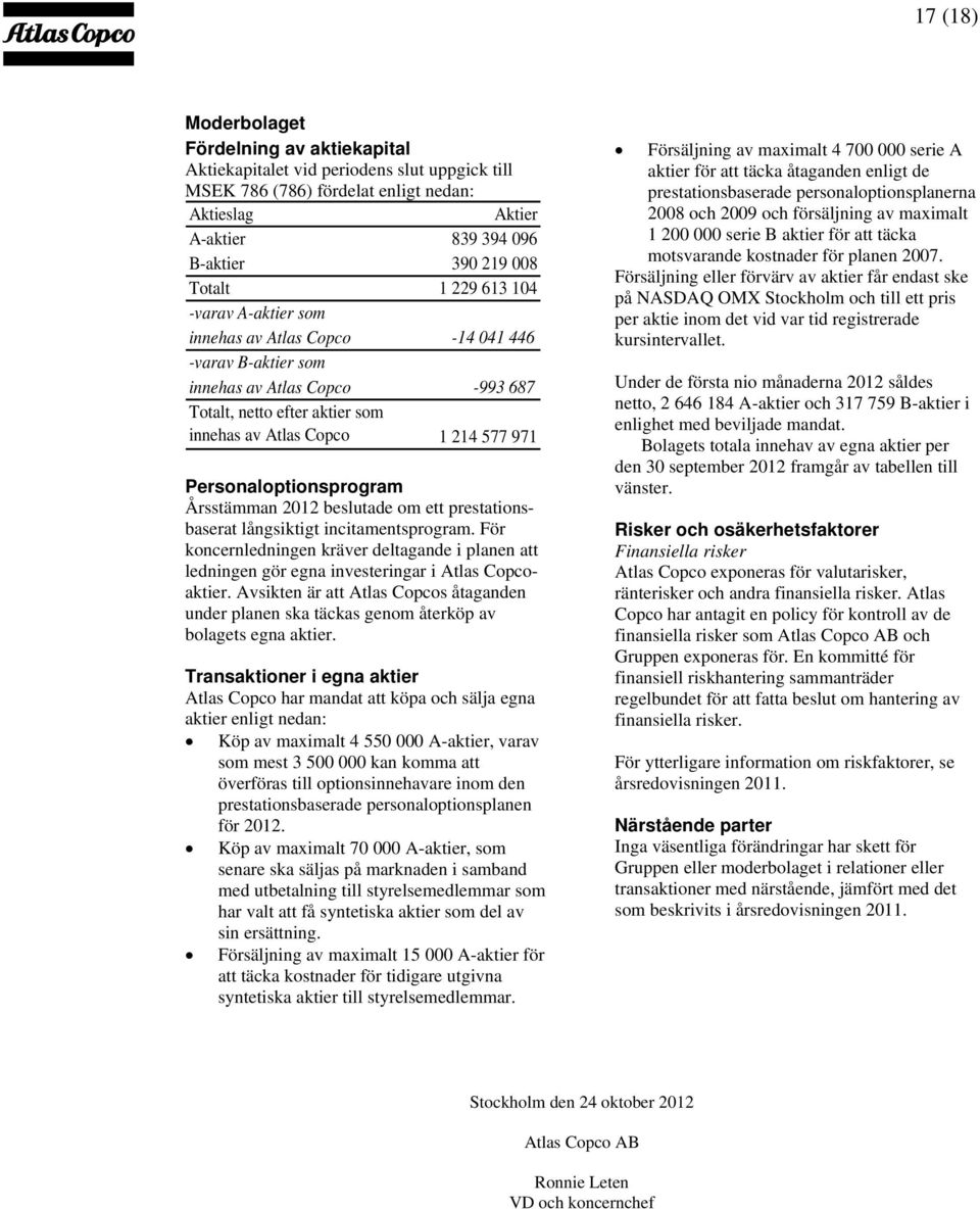 Personaloptionsprogram Årsstämman 2012 beslutade om ett prestationsbaserat långsiktigt incitamentsprogram.