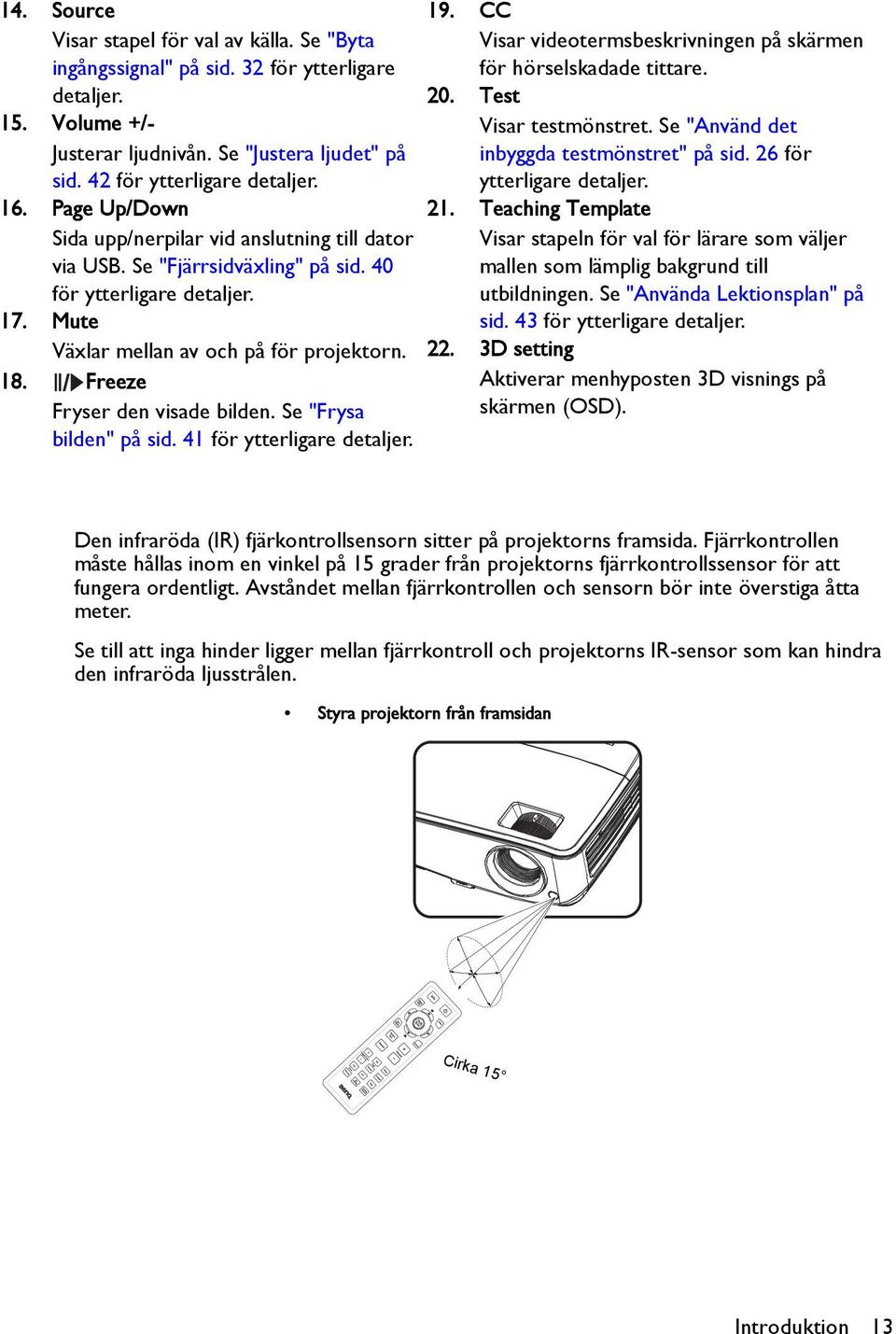 Freeze Fryser den visade bilden. Se "Frysa bilden" på sid. 41 för ytterligare detaljer. 19. CC Visar videotermsbeskrivningen på skärmen för hörselskadade tittare. 20. Test Visar testmönstret.