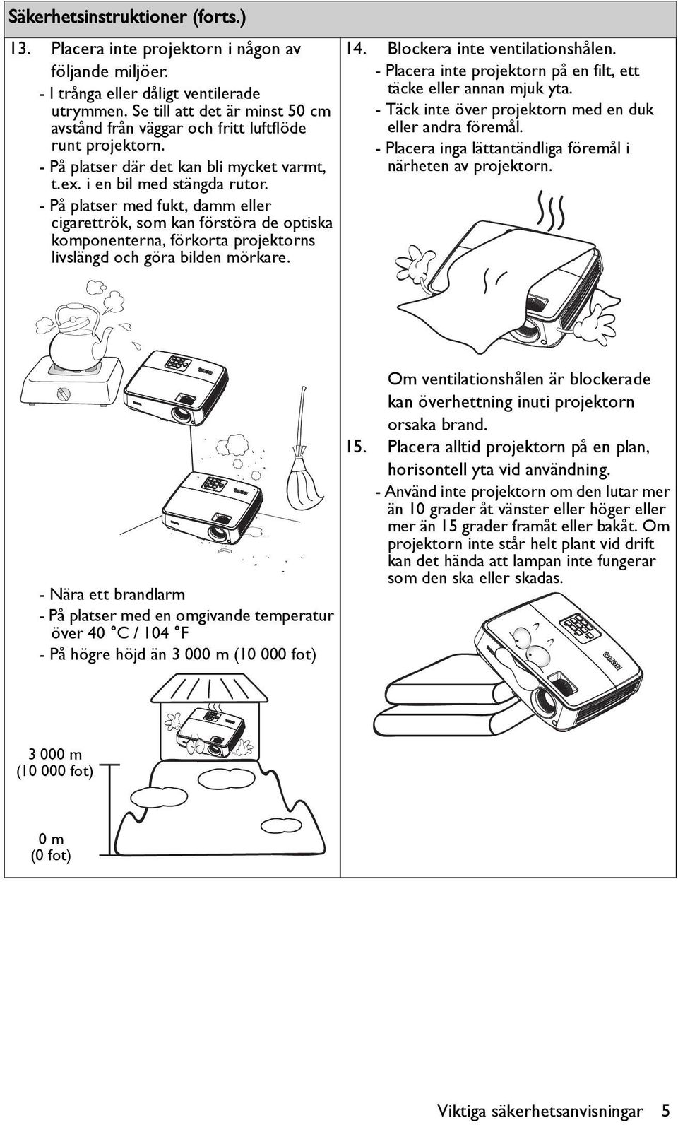 - På platser med fukt, damm eller cigarettrök, som kan förstöra de optiska komponenterna, förkorta projektorns livslängd och göra bilden mörkare. 14. Blockera inte ventilationshålen.