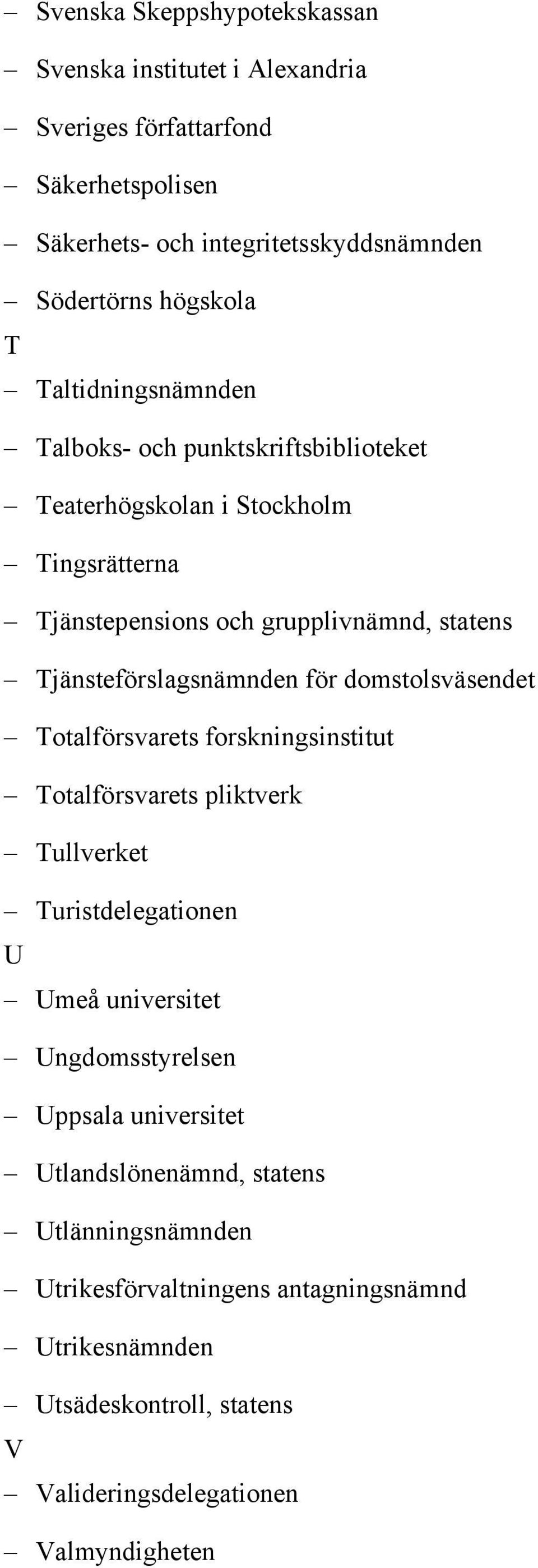 för domstolsväsendet Totalförsvarets forskningsinstitut Totalförsvarets pliktverk Tullverket Turistdelegationen U Umeå universitet Ungdomsstyrelsen Uppsala