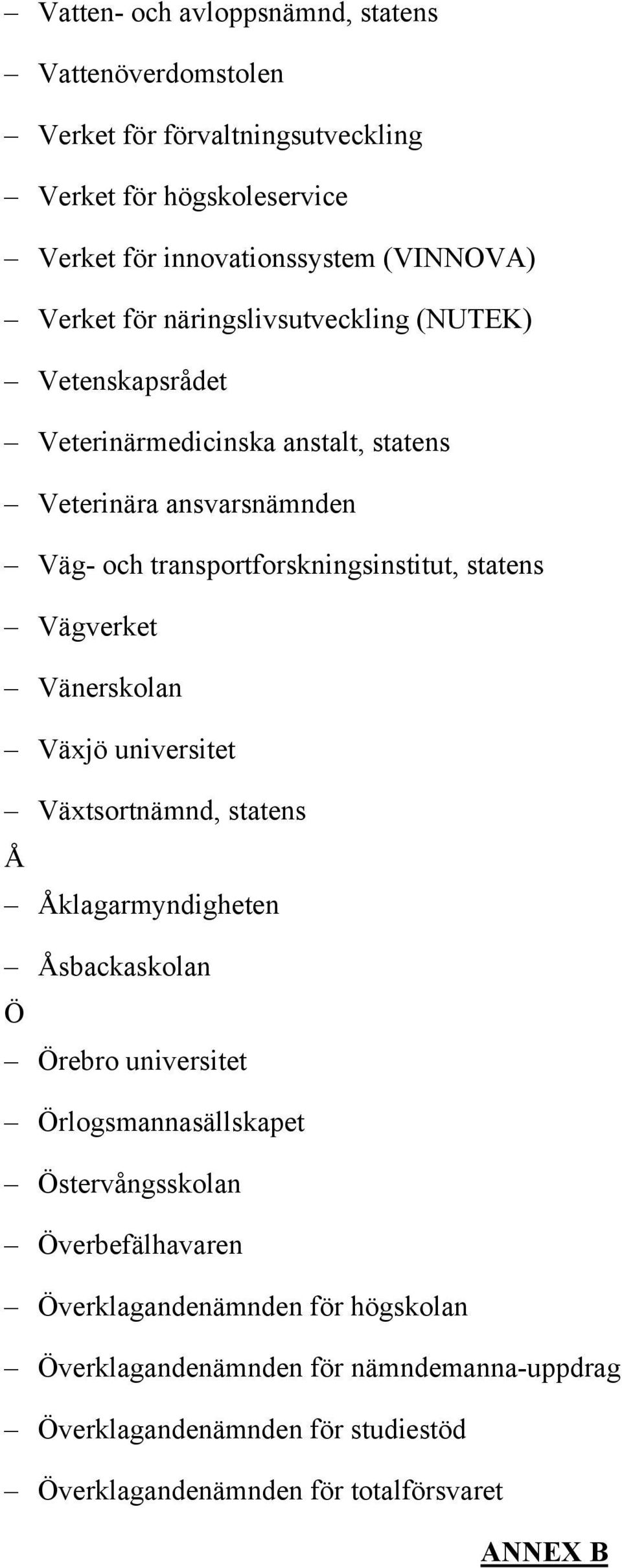 Vägverket Vänerskolan Växjö universitet Växtsortnämnd, statens Å Åklagarmyndigheten Åsbackaskolan Ö Örebro universitet Örlogsmannasällskapet Östervångsskolan