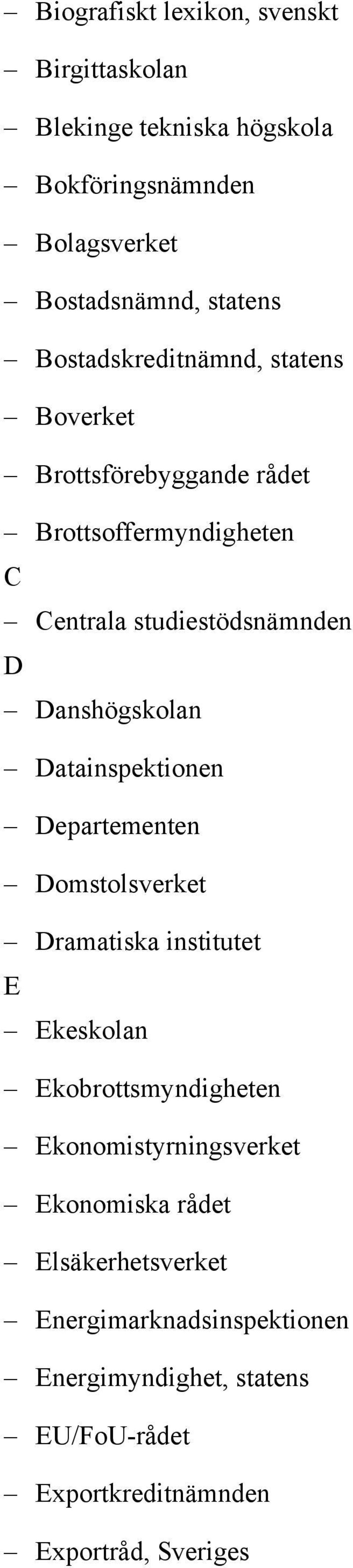 Danshögskolan Datainspektionen Departementen Domstolsverket Dramatiska institutet E Ekeskolan Ekobrottsmyndigheten