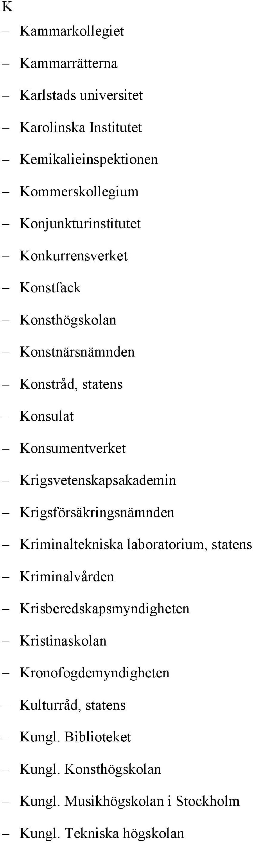 Krigsvetenskapsakademin Krigsförsäkringsnämnden Kriminaltekniska laboratorium, statens Kriminalvården Krisberedskapsmyndigheten