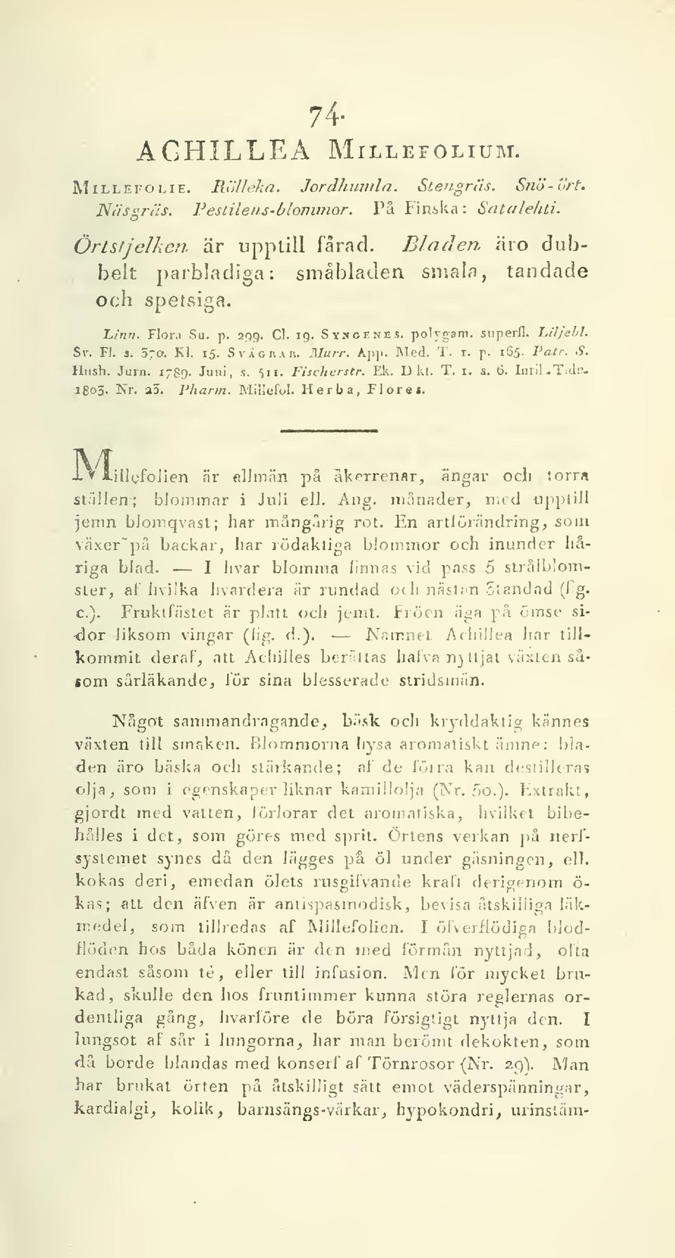 Pa.tr. S. Hiish. Jurn. 1789- Juni, s. 5ii. Fischerstr. Ek. D kt. T. i. s. 6. Iiiril-Td;^i8o5- Nr. a3. Fliann. Miilefol. Herba, Flore*.