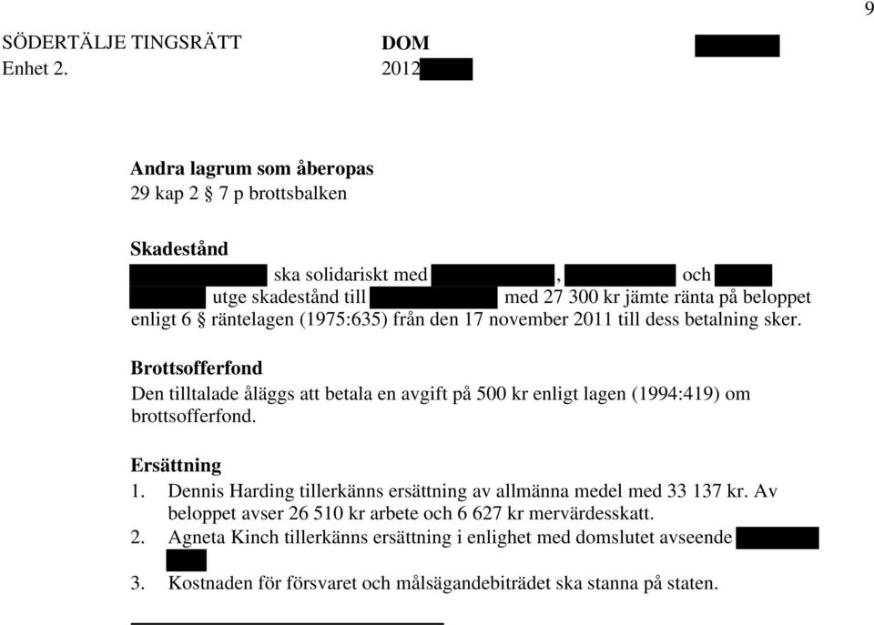 Brottsofferfond Den tilltalade åläggs att betala en avgift på 500 kr enligt lagen (1994:419) om brottsofferfond. Ersättning 1.