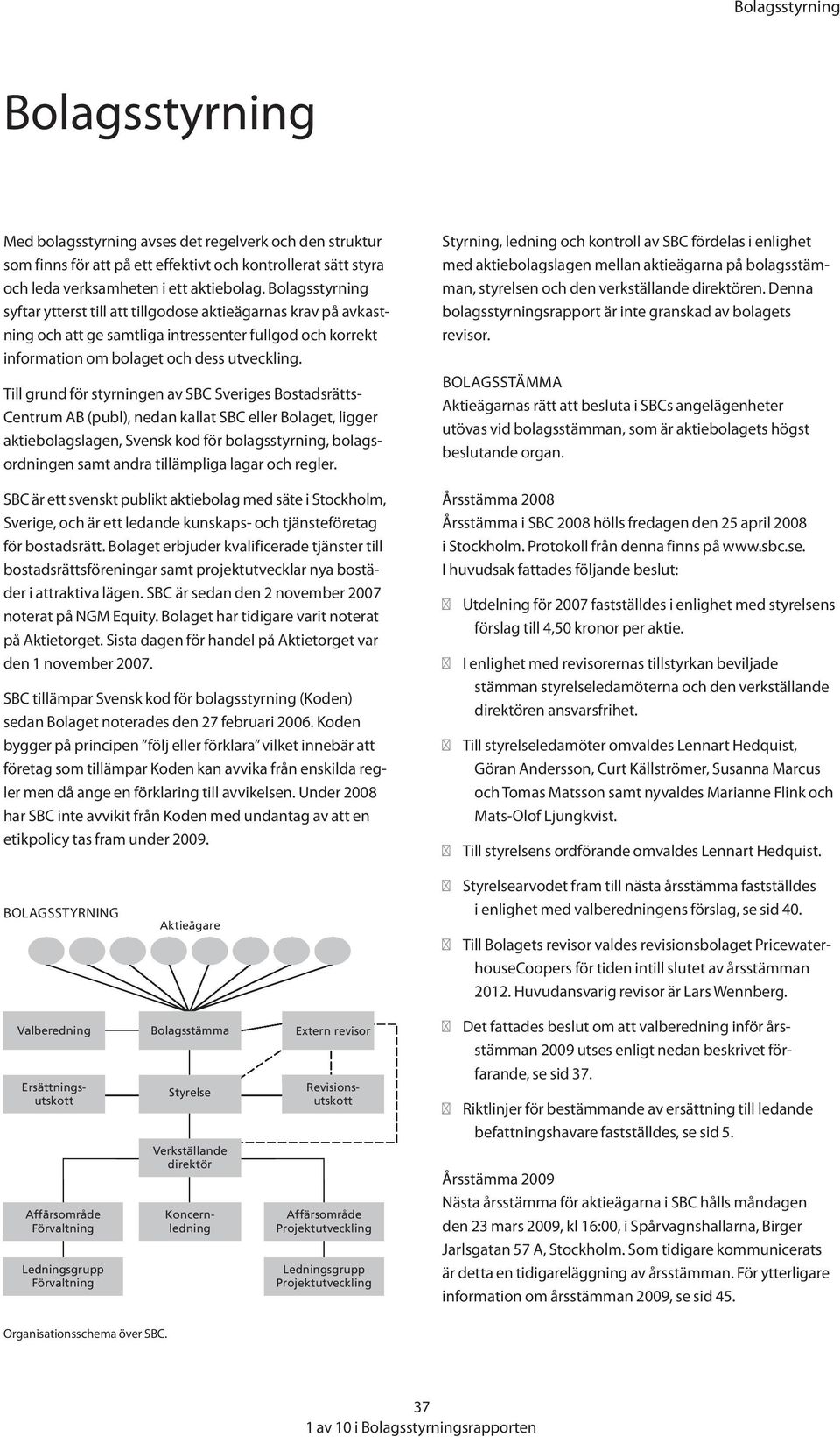 Till grund för styrningen av SBC Sveriges Bostadsrätts Centrum AB (publ), nedan kallat SBC eller Bolaget, ligger aktiebolagslagen, Svensk kod för bolagsstyrning, bolagsordningen samt andra tillämp