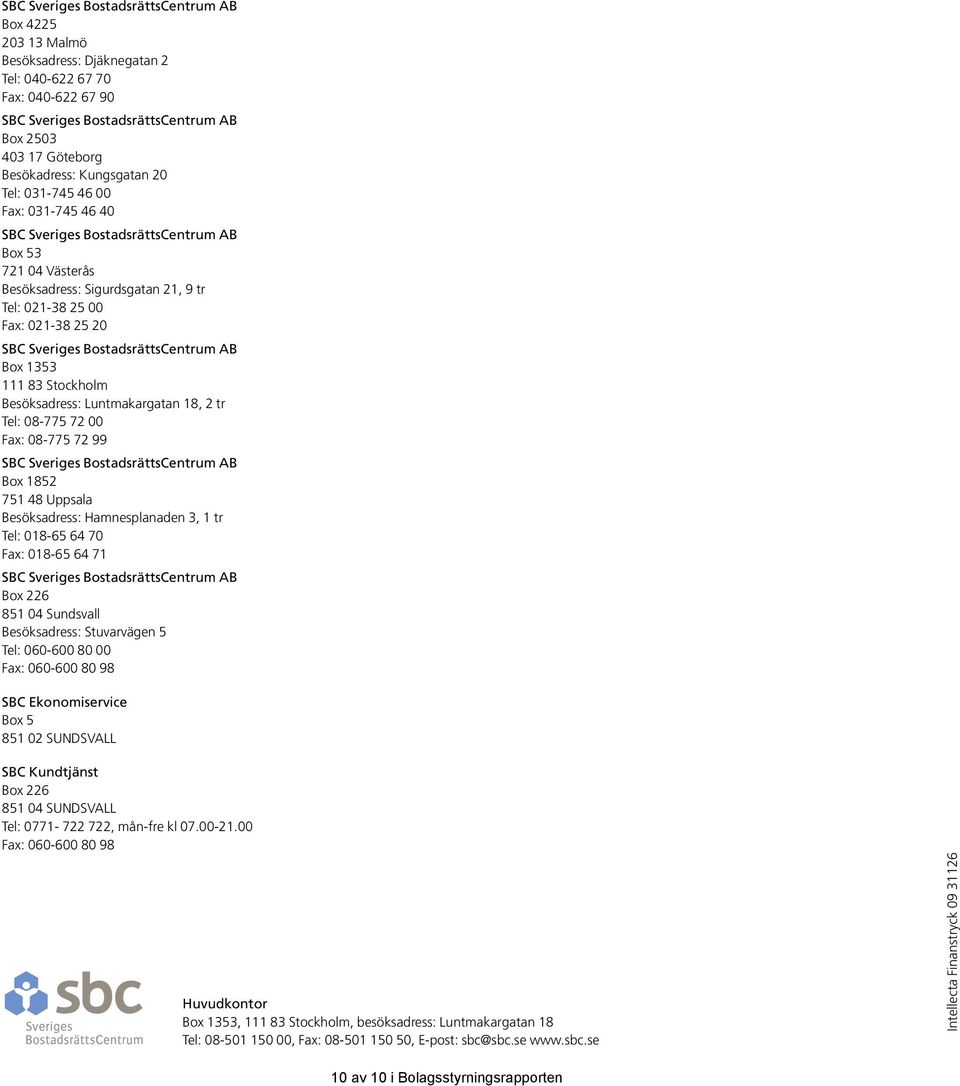 BostadsrättsCentrum AB Box 1353 111 83 Stockholm Besöksadress: Luntmakargatan 18, 2 tr Tel: 08-775 72 00 Fax: 08-775 72 99 SBC Sveriges BostadsrättsCentrum AB Box 1852 751 48 Uppsala Besöksadress: