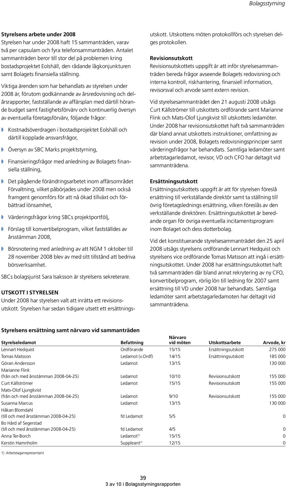 Viktiga ärenden som har behandlats av styrelsen under 2008 är, förutom godkännande av årsredovisning och delårsrapporter, fastställande av affärsplan med därtill hörande budget samt fastighetsförvärv