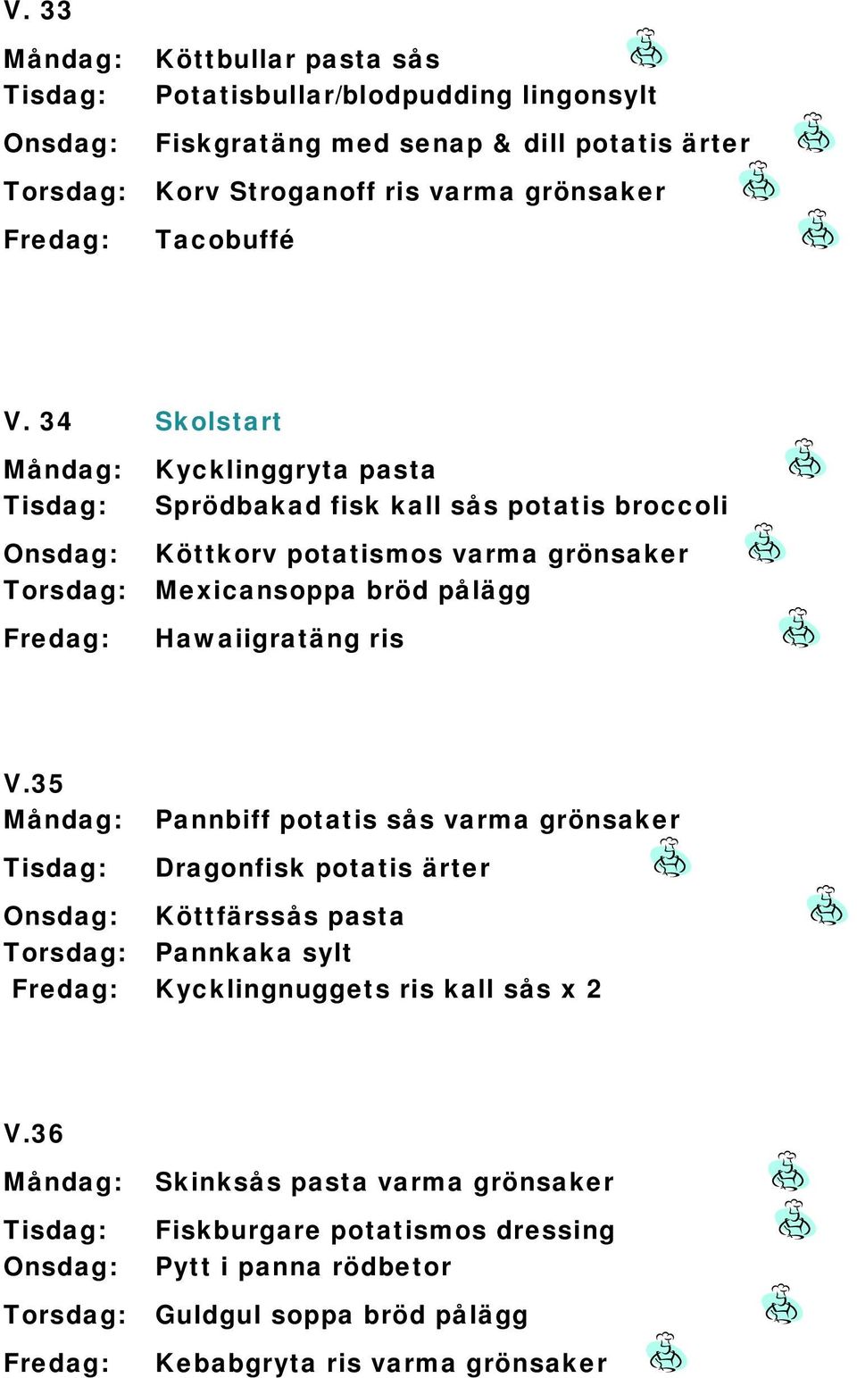 34 Skolstart Kycklinggryta pasta Sprödbakad fisk kall sås potatis broccoli Köttkorv potatismos varma grönsaker Mexicansoppa bröd pålägg