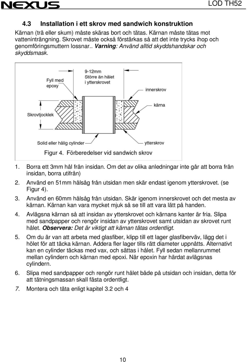 Om det av olika anledningar inte går att borra från insidan, borra utifrån) 2. Använd en 51mm hålsåg från utsidan men skär endast igenom ytterskrovet. (se Figur 4). 3.