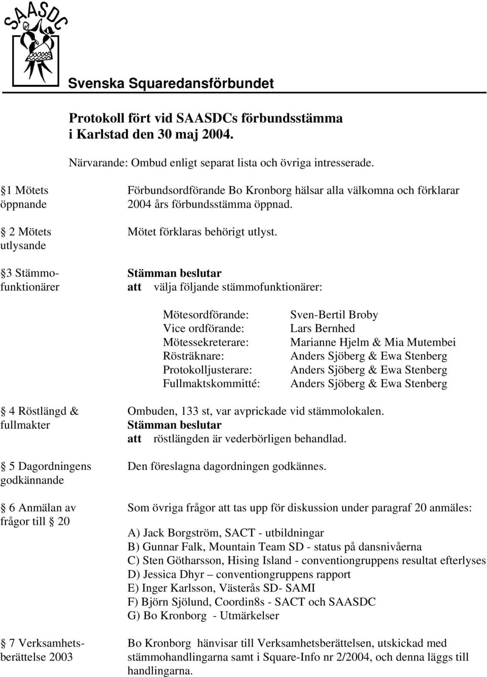 att välja följande stämmofunktionärer: Mötesordförande: Vice ordförande: Mötessekreterare: Rösträknare: Protokolljusterare: Fullmaktskommitté: Sven-Bertil Broby Lars Bernhed Marianne Hjelm & Mia