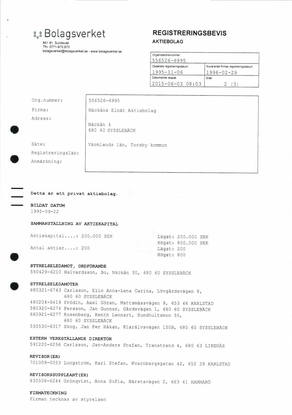 se - www.se REGISTRERINGSBEVIS AKTIEBOLAG Organisationsnummer Objektets regisvenngsdatum Nuvarantle firtnas registrenngsdatum 1995-11-06 1996-02-29 Dokumentet skapat Sida 2015-06-03 08:03 2 (3) Org.
