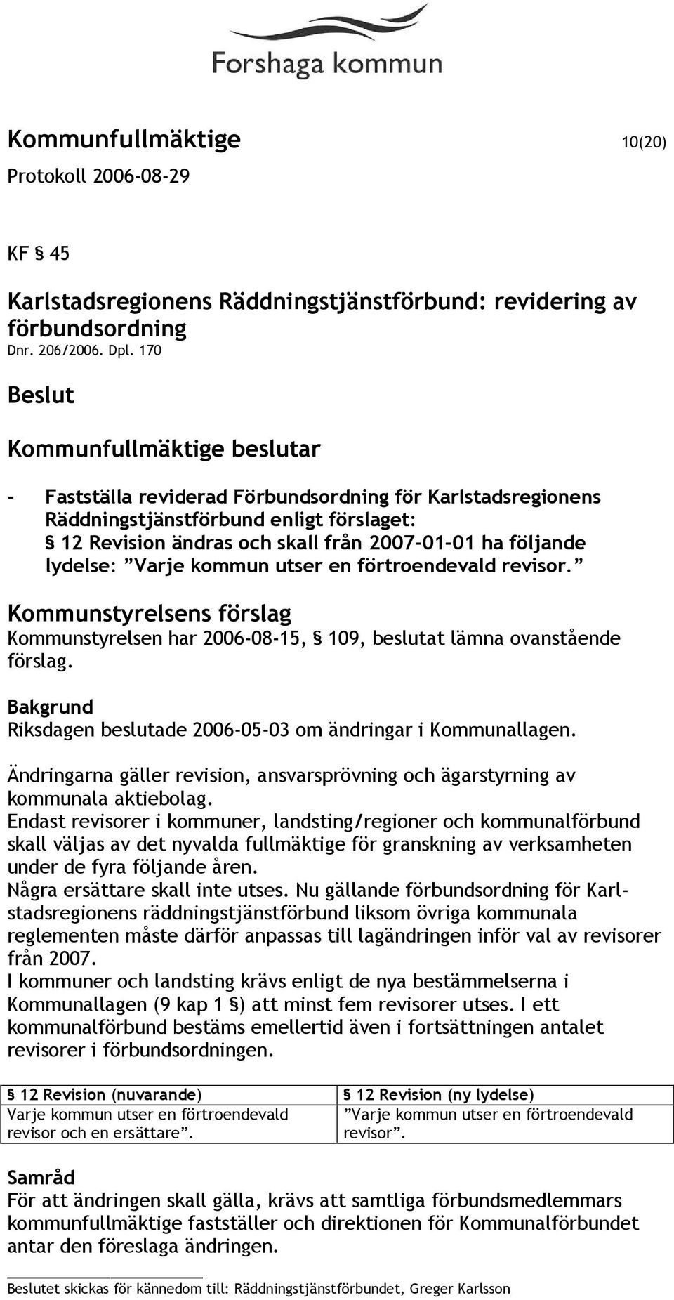 förtroendevald revisor. Kommunstyrelsens förslag Kommunstyrelsen har 2006-08-15, 109, beslutat lämna ovanstående förslag. Riksdagen beslutade 2006-05-03 om ändringar i Kommunallagen.