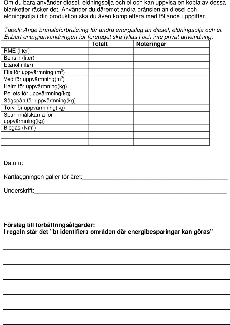 Tabell: Ange bränsleförbrukning för andra energislag än diesel, eldningsolja och el. Enbart energianvändningen för företaget ska fyllas i och inte privat användning.
