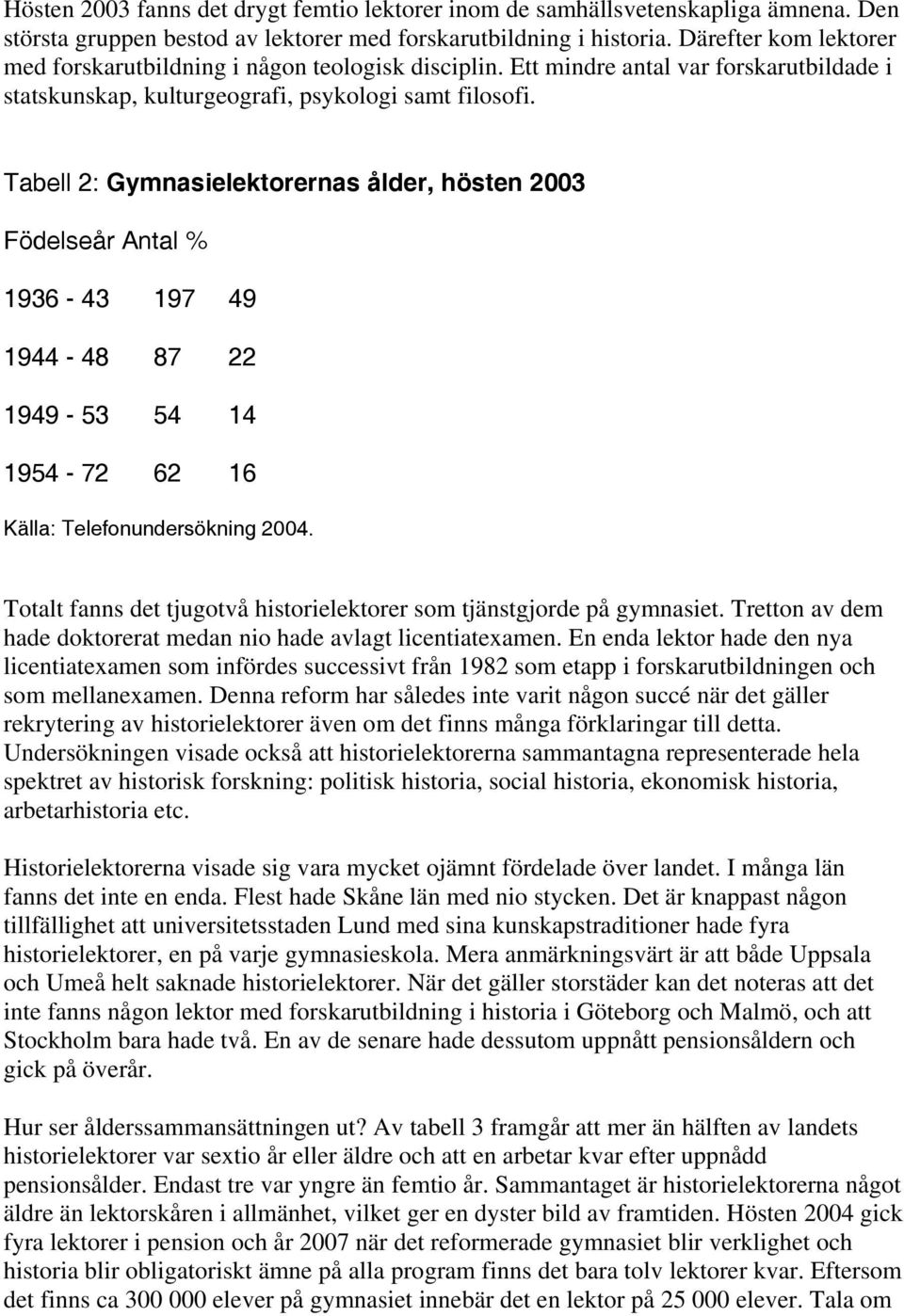 Tabell 2: Gymnasielektorernas ålder, hösten 2003 Födelseår Antal % 1936-43 197 49 1944-48 87 22 1949-53 54 14 1954-72 62 16 Källa: Telefonundersökning 2004.