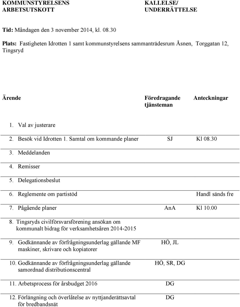 Samtal om kommande planer SJ Kl 08.30 3. Meddelanden 4. Remisser 5. Delegationsbeslut 6. Reglemente om partistöd Handl sänds fre 7. Pågående planer AnA Kl 10.00 8.