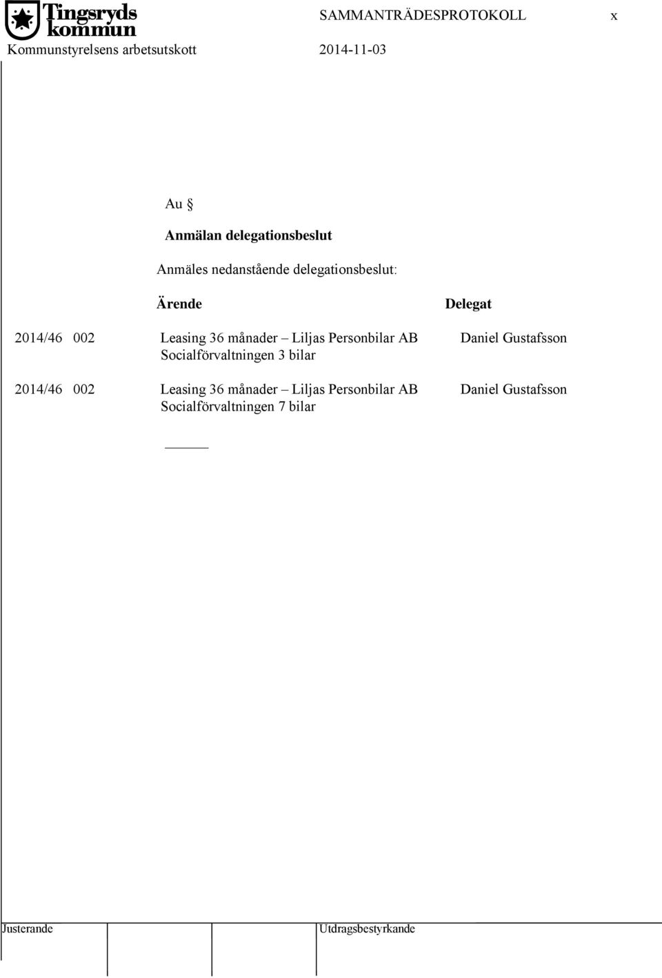 månader Liljas Personbilar AB Socialförvaltningen 3 bilar 2014/46 002 Leasing 36 månader