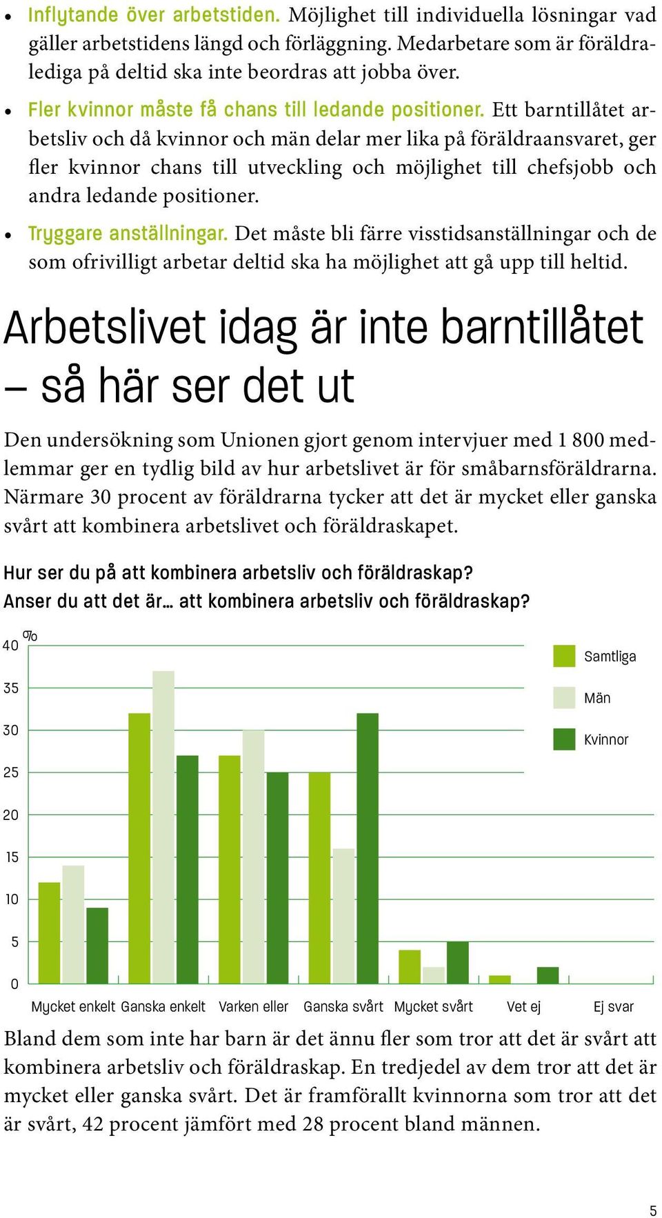 Ett barntillåtet arbetsliv och då kvinnor och män delar mer lika på föräldraansvaret, ger fler kvinnor chans till utveckling och möjlighet till chefsjobb och andra ledande positioner.