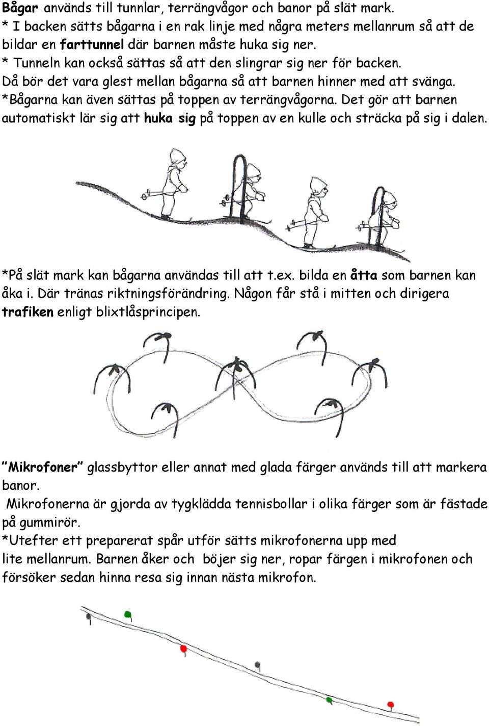 Det gör att barnen automatiskt lär sig att huka sig på toppen av en kulle och sträcka på sig i dalen. *På slät mark kan bågarna användas till att t.ex. bilda en åtta som barnen kan åka i.