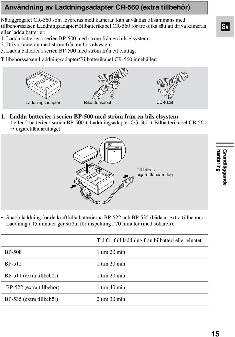 Ladda batterier i serien BP-500 med ström från ett eluttag. Tillbehörssatsen Laddningsadapter/Bilbatterikabel CR-560 innehåller: Laddningsadapter Bilbatterikabel DC-kabel 1.