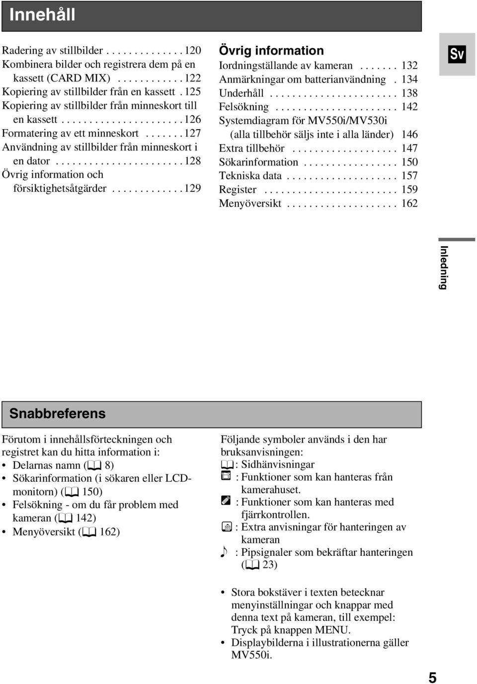 ..129 Övrig information Iordningställandeavkameran... 132 Anmärkningar om batterianvändning. 134 Underhåll... 138 Felsökning.