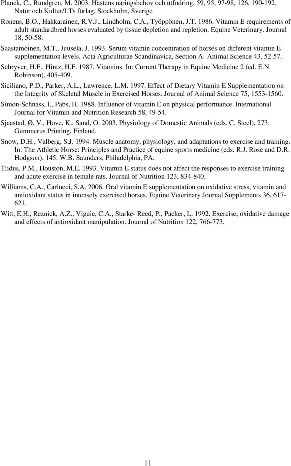 Serum vitamin concentration of horses on different vitamin E supplementation levels. Acta Agriculturae Scandinavica, Section A- Animal Science 43, 52-57. Schryver, H.F., Hintz, H.F. 1987. Vitamins.