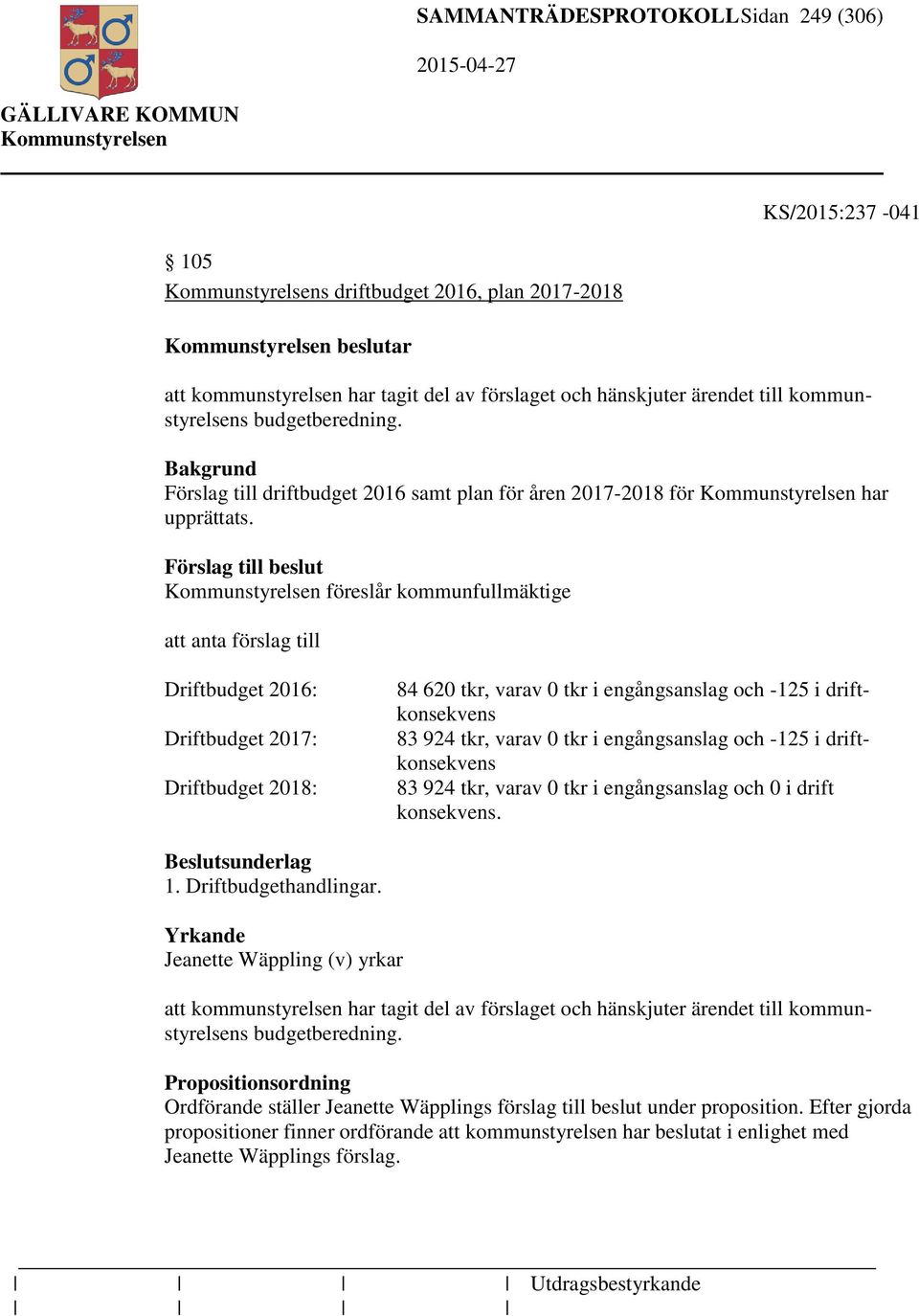 Förslag till beslut föreslår kommunfullmäktige att anta förslag till Driftbudget 2016: Driftbudget 2017: Driftbudget 2018: 84 620 tkr, varav 0 tkr i engångsanslag och -125 i driftkonsekvens 83 924